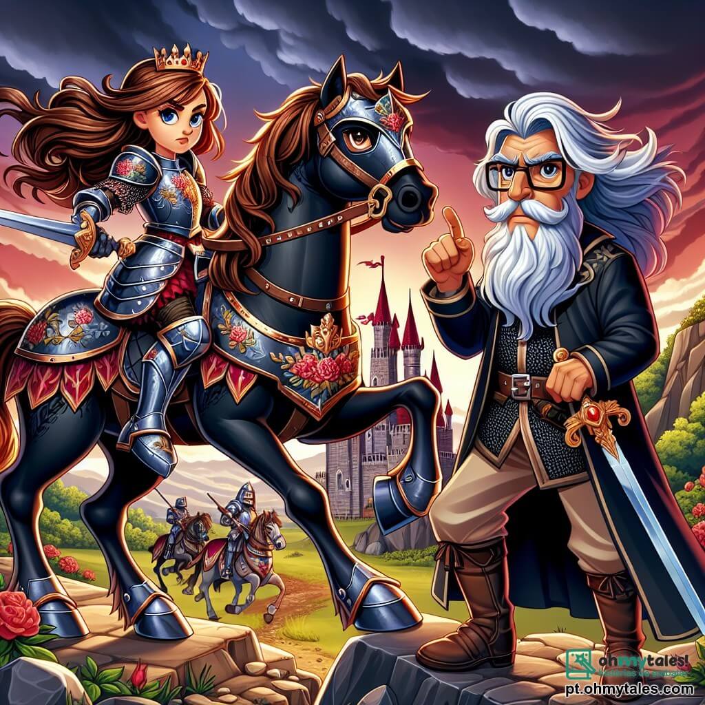 No primeiro plano, a corajosa cavaleira Elara se mantém orgulhosamente em seu cavalo negro, Tempestade. Ela tem longos cabelos castanhos ao vento, uma armadura brilhante adornada com padrões florais, e seu rosto expressa uma intensa determinação. Ela empunha uma espada brilhante, pronta para defender seu reino. Ao seu lado, o Sir Cedric, um homem de cerca de 60 anos, com uma longa barba grisalha e óculos redondos, observa a cena com um olhar preocupado. Ele usa uma túnica simples e está em uma rocha, apontando para o horizonte onde se desenha o exército inimigo. Ao fundo, o castelo de Eldoria ergue-se majestoso em uma colina, com suas torres elegantes e bandeiras tremulando. O céu está tingido de vermelho e laranja, anunciando uma batalha iminente, enquanto nuvens escuras se acumulam no horizonte. A cena principal mostra Elara, pronta para defender seu reino contra o tirano Malakar, que se aproxima com seu exército. A atmosfera é carregada de adrenalina, misturando coragem e tensão, enquanto a cavaleira se prepara para liderar suas tropas à vitória.