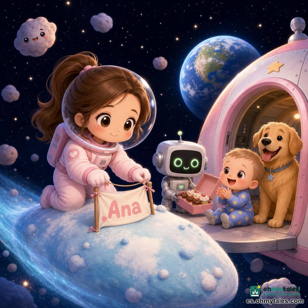 Ana, mujer sonriente y dulce con el pelo castaño en coletas y traje espacial rosa pálido, clava una pequeña bandera en un cometa azul-blanco; a su derecha, un robot compañero pequeño y cuadrado de metal claro con ojos LED verdes sostiene una caja de pasteles abierta; un bebé de unos 1 año, regordete y alegre en pijama estrellado, sentado en la entrada abierta de la nave aplaude mirándola; un perro macho mediano de pelaje dorado espera junto a la puerta con la lengua fuera mientras la Tierra se ve a lo lejos; lugar: superficie suave y redondeada del cometa con textura polvorienta azul y blanca, pequeñas rocas flotantes y cielo negro estrellado; ambiente cálido y tranquilo, luz suave, colores pastel, rasgos redondeados y expresiones exageradas estilo chibi kawaii.