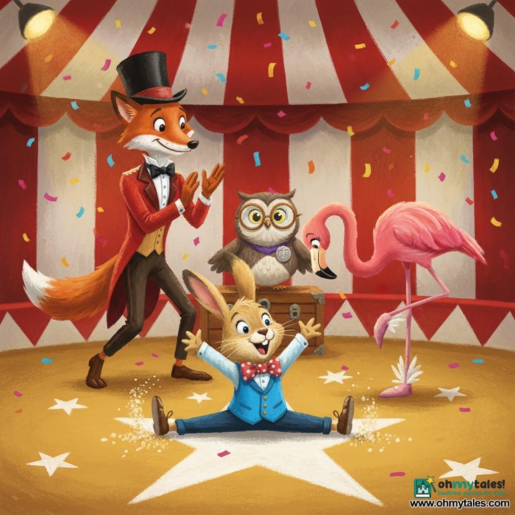 Benny, a small anthropomorphic rabbit in a bright blue vest and polka-dot bow tie, is surprised and joyful doing a comic split on a large white chalk star with sawdust dusting his paws; behind him to the left the Ringmaster, a slim fox in a shiny red coat and top hat, proudly claps, to the right a graceful, playful pink flamingo in feathered slippers balances on one leg watching with amusement, and Mrs. Owlivia, a wise old owl with round glasses, smiles perched on a wooden trunk; the warm circus tent interior shows red-and-white stripes, warm spotlights, floating confetti and a sawdust-strewn floor with chalk stars, the scene feeling like a parade turned into a festive performance with exaggerated gestures, saturated colors and visible gouache brushstrokes.