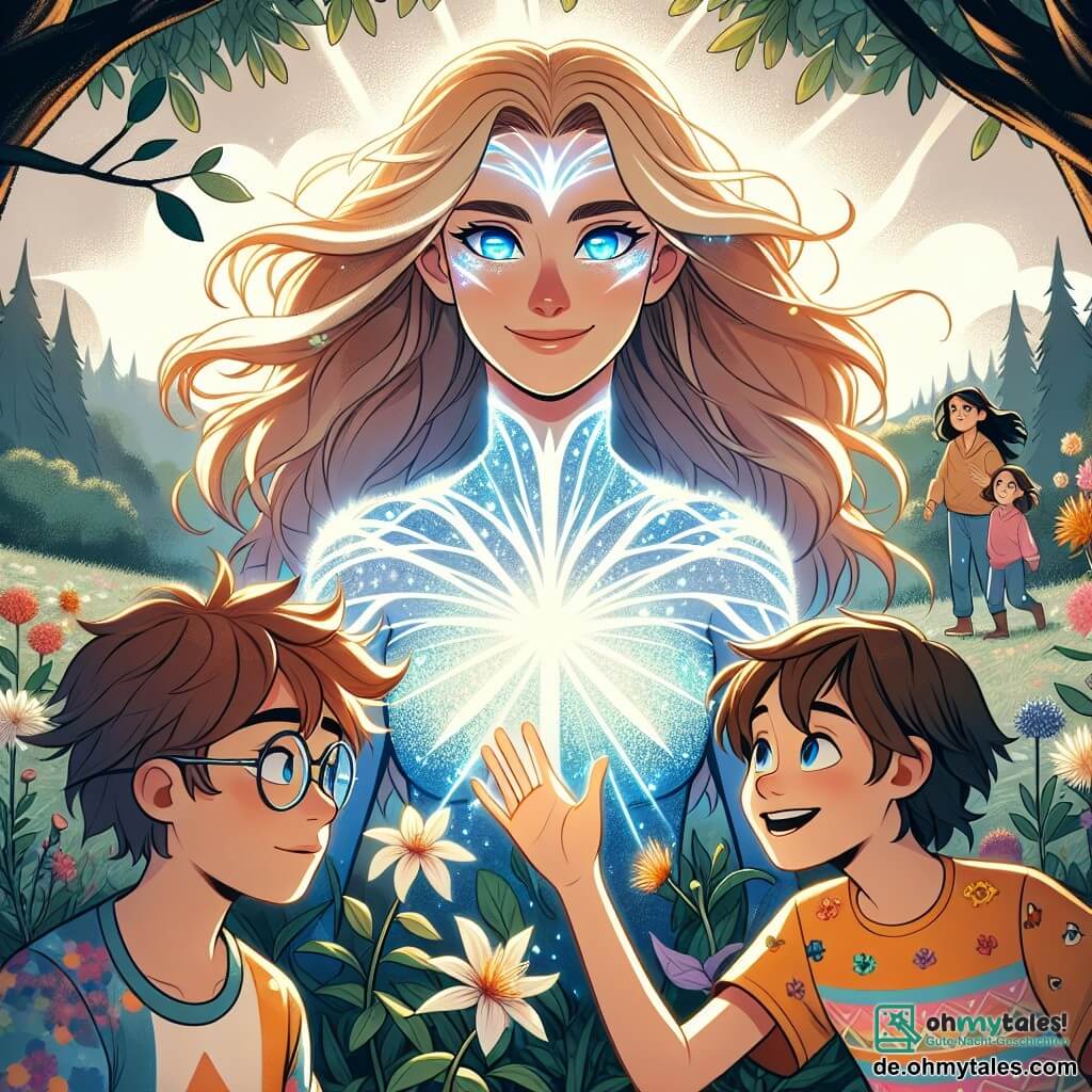Im Zentrum des Bildes steht Lumina, eine heldenhafte Frau mit langen, goldenen Haaren, stolz da. Ihre Augen leuchten in strahlendem Blau und erhellen ihr lächelndes, entschlossenes Gesicht. Sie trägt ein modernes, funkelndes Kostüm, das das Licht wie Sterne reflektiert, und konzentriert ihre Lichtenergie, um einen kraftvollen Lichtstrahl zu erzeugen. Rechts von ihr schaut Max, ein etwa 10-jähriger Junge mit zerzausten braunen Haaren und einem bunten T-Shirt, bewundernd zu Lumina. Er streckt die Hand nach einem kleinen Vogel aus, den er gerade gerettet hat, sein Gesicht strahlt Freude und Aufregung aus. Links sitzt Mia, ein 9-jähriges Mädchen mit kastanienbraunen Haaren und runden Brillen, neben einer Pflanze, die unter ihrem Berühren blüht. Sie lächelt, verzaubert von der Schönheit der Natur, die sie zum Wachsen bringt, ihre Kleidung ist mit floralen Mustern geschmückt. Die Szenerie ist ein großer, grüner Park mit majestätischen Bäumen und leuchtend bunten Blumen. In der Ferne spielen Kinder und Familien genießen einen schönen sonnigen Tag, während ein klarer blauer Himmel sich über ihnen ausbreitet. Die Hauptsituation zeigt Lumina und ihre jungen Schüler, vereint in einem Moment intensiver Konzentration, bereit, sich einer Herausforderung zu stellen, mit funkelnden Lichtstrahlen um sie herum, die ihre Stärke und Entschlossenheit symbolisieren, ihre Stadt zu beschützen.