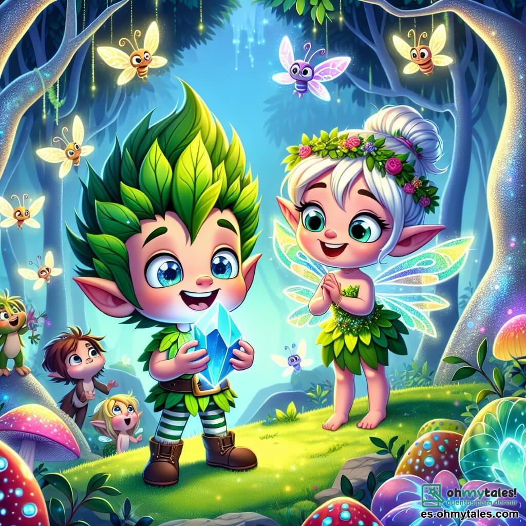 En el centro de la imagen, un duende llamado Lúcio, un niño de orejas puntiagudas con cabello verde brillante y ojos azules llenos de alegría, sostiene un cristal brillante en sus manos. Su rostro expresa gran emoción y dulce determinación mientras está de pie en una pequeña colina. A su lado, una pequeña hada llamada Brisa, con alas brillantes y cabello dorado, sonríe cálidamente. Lleva un vestido hecho de pétalos coloridos y parece lista para volar, con los brazos abiertos como para recibir la aventura. El fondo es un hermoso bosque encantado, con árboles de troncos plateados y hojas de colores del arcoíris. Luciérnagas iluminan el aire, creando una atmósfera mágica, mientras flores gigantes con pétalos de vidrio brillan a su alrededor. La escena principal muestra a Lúcio y Brisa celebrando el descubrimiento del Cristal de la Amistad, rodeados de criaturas fantásticas que los miran con admiración, ilustrando la importancia de la amistad y la aceptación en un mundo de hadas.