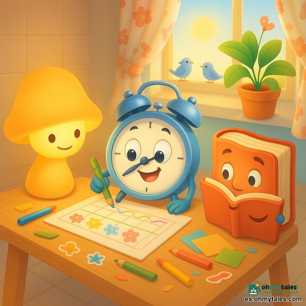El protagonista es un despertador mecánico antropomórfico llamado Tito, alegre, esfera blanca con grandes agujas negras y caja azul pastel, sentado en una pequeña mesa dibujando una línea en un calendario con un lápiz de color; Lila, una lámpara de mesita en forma de hongo de luz cálida amarilla, se inclina desde la izquierda y ilumina la página; Pepe, un libro antiguo de cubierta roja y esquinas redondeadas, está abierto a la derecha mostrando páginas ilustradas y apuntando palabras del calendario; Flora, una planta en maceta con grandes hojas verdes y pequeñas flores rosas, está en el alféizar detrás de la mesa moviéndose con la brisa; la escena ocurre en una cocina pequeña y soleada con ventana abierta, cortinas floreadas, rayos dorados, pájaros en el alféizar y suelo de baldosas claras; los cuatro amigos confeccionan un calendario de primavera con colores vivos, flores dibujadas y una atmósfera cálida y colaborativa.