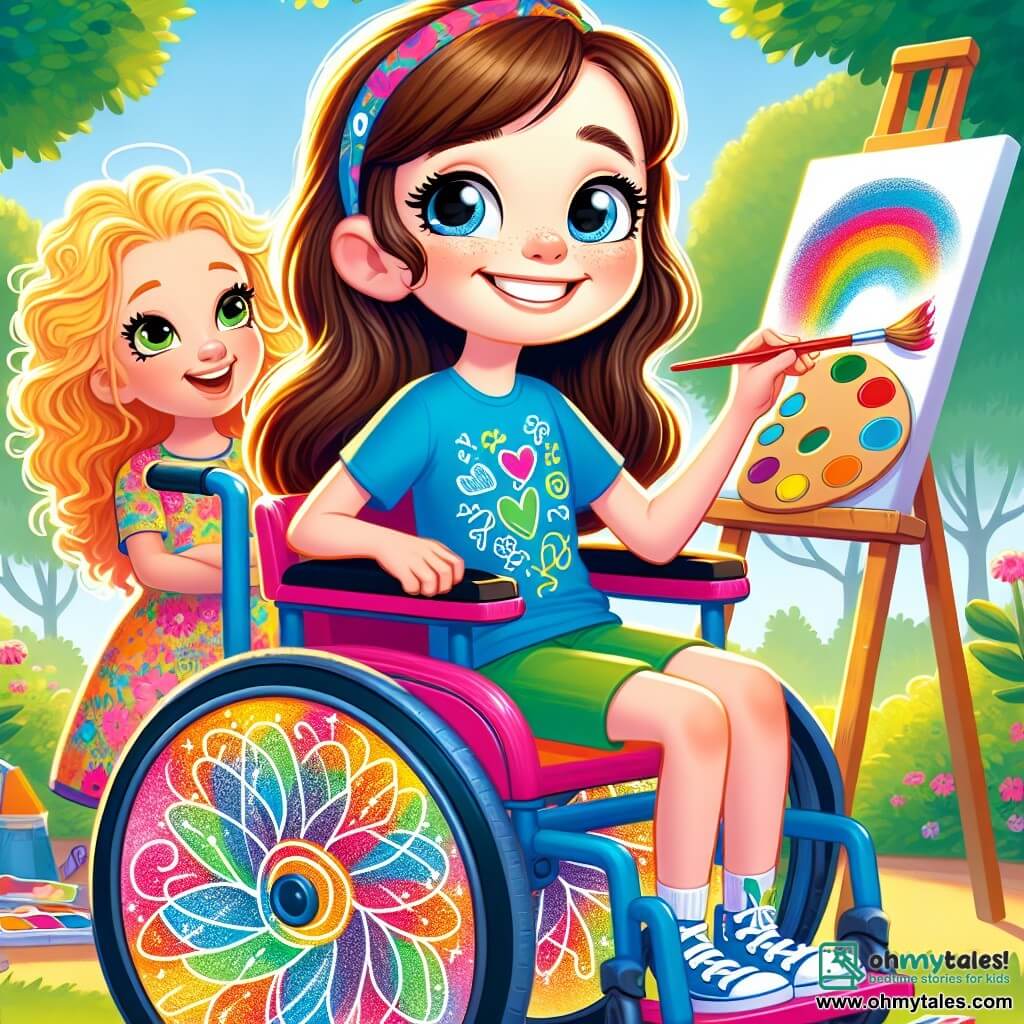 A 12-year-old girl, Emma, smiling and full of energy, is sitting in her brightly colored wheelchair with sparkling wheels. Her brown hair is tied in a ponytail, and she is wearing a blue t-shirt with paint patterns. She holds a paintbrush in one hand and eagerly looks at a large white panel in front of her, ready to be decorated. Next to her, Zoe, a 12-year-old girl with curly blonde hair, stands with her arms crossed and a big smile. She wears a colorful floral dress and holds a paint palette, leaning slightly toward Emma, encouraging her with a sparkling gaze. The setting is a sunny schoolyard with green trees and colorful flowers around. Children are playing in the distance, and balloons float in the blue sky. The scene shows Emma and Zoe preparing a large artwork for Inclusion Day, filled with bright colors and joyful drawings, symbolizing friendship and creativity.