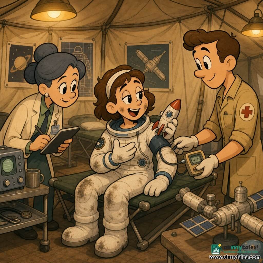An adult female astronaut with an expressive, slightly tired smiling face, short brown hair held by a headband, wearing a slightly wrinkled white spacesuit dusted with reentry dust, sits on a cot inside a beige medical recovery tent holding a small plastic toy rocket; a warm-faced male nurse of about 35 with short hair in a khaki smock stands to her right taking her vitals with a small device and watching attentively; to her left a female doctor of about 40 with gray-blue hair in a bun, badge and tablet, leans in to listen and take notes with a reassuring posture; the tent contains hanging yellow lamps, folding beds, technical posters, metal instrument tables and a small model of the space station; the scene shows a gentle landing recovery, the astronaut describing her sensations while showing the toy rocket, caregivers listening intently, warm pastel colors, rounded contours, retro cartoon details (big expressive eyes, fluid rubber-hose lines) and soft light from a hanging lamp casting round shadows.