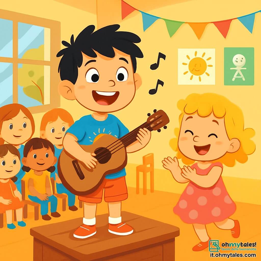 Un ragazzo di 6 anni, con capelli neri disordinati e occhi scintillanti di gioia, si trova su un piccolo palco di legno. Sorride con fiducia, tenendo una chitarra di legno tra le mani. Il suo viso è illuminato dall'eccitazione e indossa una maglietta blu brillante con un disegno di sole. Accanto a lui, una bambina di 5 anni, sua sorella, balla gioiosamente. Ha capelli biondi ricci e indossa un vestito rosa a pois. Applaude con entusiasmo, gli occhi brillanti di ammirazione per il fratello. Sullo sfondo, un'aula colorata è piena di compagni di classe, tutti seduti su sedie di legno. Le pareti sono decorate con disegni di bambini e festoni di carta colorata. La luce del sole filtra attraverso le finestre, creando un'atmosfera calda e accogliente. La scena principale mostra il ragazzo pronto a cantare una canzone, circondato dai suoi amici che lo incoraggiano con sorrisi e applausi. L'atmosfera è gioiosa e piena di sostegno, illustrando la fiducia e il coraggio di Luca.