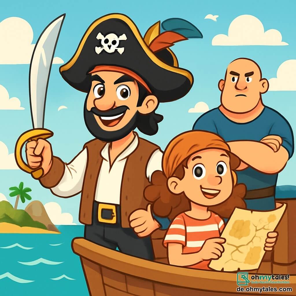 Ein Mann, Kapitän Finn, steht stolz auf dem Deck seines Schiffes, mit einem schelmischen Lächeln und funkelnden Augen vor Aufregung. Er trägt einen Piratenhut mit einer bunten Feder, ein weißes Hemd und eine abgenutzte Lederweste, während er sein langes, glänzendes Schwert festhält. An seiner Seite beobachtet Mia, ein etwa 10-jähriges Mädchen mit lockigem Haar und strahlenden Augen, den Horizont mit einer Karte in der Hand, gespannt darauf, den Schatz zu entdecken. Olaf, ein kräftiger Mann in den Vierzigern, steht hinten mit verschränkten Armen und einem entschlossenen Ausdruck, bereit, seine Crew zu verteidigen. Das Schiff segelt über türkisfarbenes Wasser, umgeben von funkelnden Wellen unter einem hellblauen Himmel mit weißen Wolken. Im Hintergrund ist eine geheimnisvolle Insel mit üppigen Palmen und steilen Felsen zu sehen, wo der legendäre Schatz verborgen ist. Die Szene strahlt eine Atmosphäre von Abenteuer und Kameradschaft aus, während die Crew sich darauf vorbereitet, den bevorstehenden Gefahren zu begegnen.