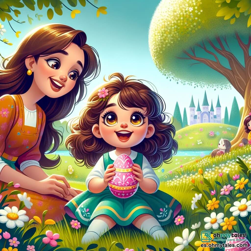 Una niña de 4 años, Lucía, con grandes ojos brillantes y cabello rizado castaño, está sentada en la hierba verde del jardín, sonriendo. Sostiene un huevo de Pascua rosa en sus manos, con los ojos llenos de emoción. A su lado, su madre, una mujer de unos treinta años con cabello largo y liso, lleva un vestido colorido y sonríe orgullosa al mirar a su hija. Está arrodillada, ayudando a Lucía a abrir el huevo. Al fondo, un gran árbol majestuoso se alza, con ramas llenas de flores blancas, mientras que flores amarillas decoran el jardín. La escena está iluminada por la luz del sol, creando una atmósfera alegre y festiva. Lucía descubre con asombro las sorpresas de Pascua, rodeada de la belleza del jardín y del amor de su madre.