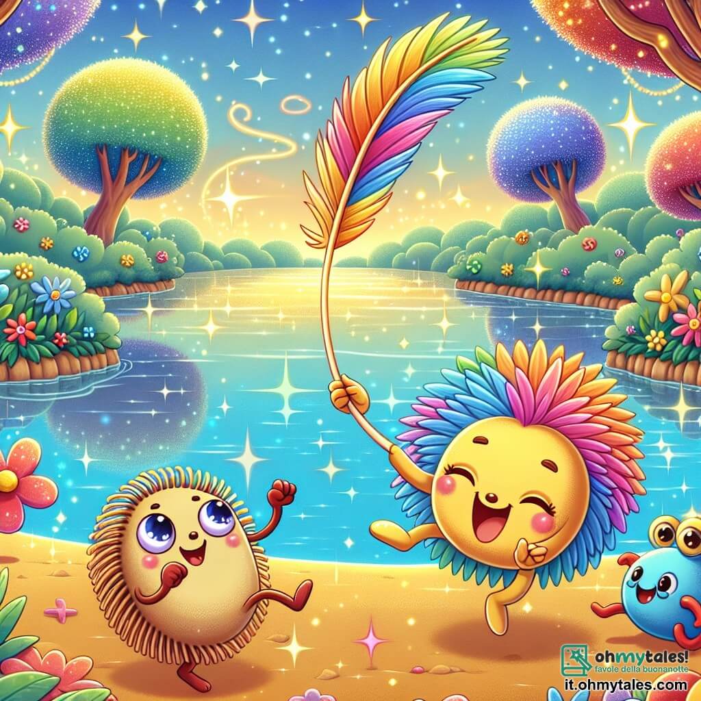 Un piccolo essere colorato, simile a una piuma arcobaleno, fluttua gioiosamente nell'aria, con gli occhi brillanti di curiosità e un grande sorriso sul volto. È circondato da piccole scintille luccicanti che aggiungono al suo fascino magico. Accanto a lui, un adorabile riccio con spine morbide e rotonde guarda con occhi spalancati, mostrando un'espressione di eccitazione e attesa. È seduto a terra, con le zampe anteriori sollevate come se fosse pronto a saltare. Non lontano, un granchio danzante, con un guscio rosso vivo e occhi maliziosi, si muove gioiosamente sulla sabbia, ridendo allegramente. La scena si svolge lungo un fiume scintillante, dove l'acqua chiara riflette i colori del cielo, circondata da fiori multicolori che danzano al ritmo del vento. Gli alberi con tronchi contorti e foglie brillanti aggiungono un tocco di magia all'ambiente. I tre amici danzano e ridono insieme, mentre una grande palla rossa vola nell'aria, creando un momento di gioia e divertimento condiviso, simboleggiando la loro amicizia e le loro avventure stravaganti.