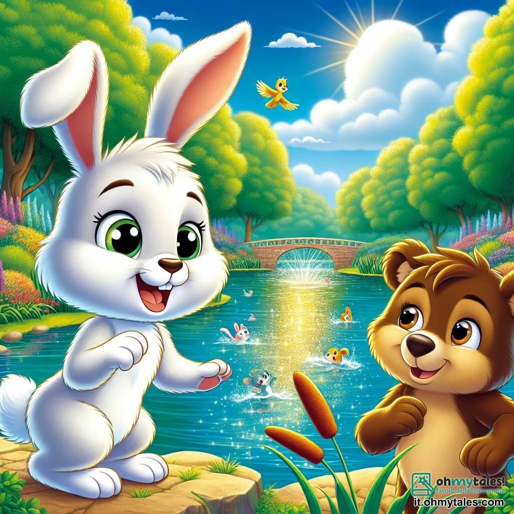Leo, un giovane coniglio dalle grandi orecchie e dal pelo bianco splendente, è in piedi al bordo di un magnifico laghetto, con gli occhi brillanti di eccitazione e un grande sorriso sul volto. Osserva delle anatre colorate che nuotano felici, con le piccole zampe anteriori sollevate in segno di gioia. Accanto a lui, Max, un piccolo orso bruno dagli occhi dolci e dal pelo setoso, sorride benevolmente, con le braccia aperte come per accogliere Leo in questa nuova avventura. Il luogo è un parco verde di Berlino, pieno di alberi maestosi, fiori multicolori e un cielo azzurro punteggiato di nuvole bianche. Il laghetto scintilla al sole, creando riflessi dorati sull'acqua. Leo e Max, meravigliati dalla bellezza del parco, sono pronti a esplorare e scoprire nuove amicizie, mentre gli uccelli cantano gioiosamente attorno a loro, aggiungendo un tocco di magia a questo momento di avventura.