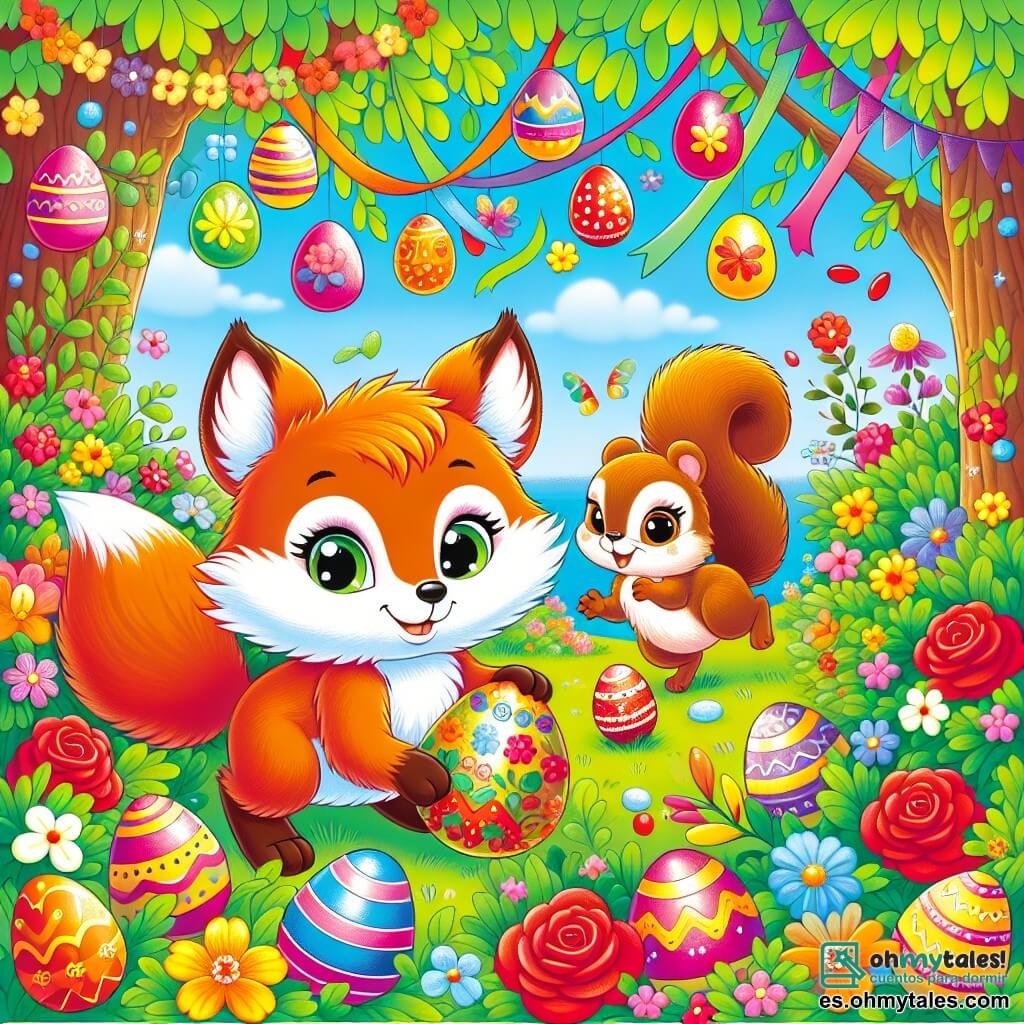 Un pequeño zorro llamado Tito, con un pelaje naranja brillante, ojos llenos de curiosidad y una cola esponjosa, está buscando alegremente en un jardín colorido, rodeado de brillantes huevos de Pascua. A su lado, una pequeña ardilla llamada Pepa, con pelaje marrón y ojos traviesos, salta de emoción mientras sostiene un huevo decorado en sus patas. El jardín está lleno de flores vibrantes, cintas de colores flotando en el viento y arbustos verdes, creando una atmósfera festiva y alegre. Tito y Pepa descubren juntos un huevo mágico escondido bajo un rosal rojo, revelando un mapa del tesoro que los llevará a una aventura increíble.