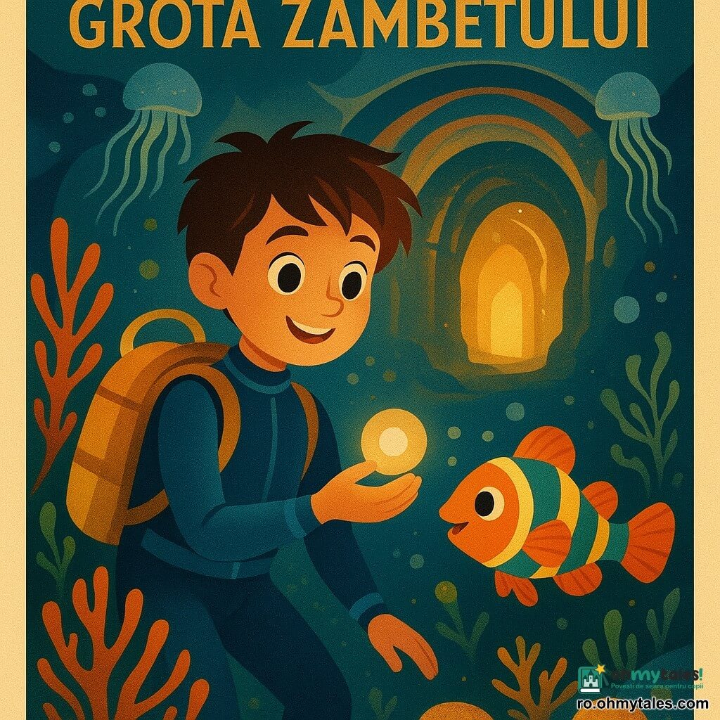 Un băiat de 8 ani, pe nume Luca, cu păr brun ciufulit și ochi curioși, poartă un costum de scafandru albastru și un rucsac strălucitor. Are un zâmbet plin de uimire și ține o perlă luminoasă în mână. Lângă el, un mic pește clovn pe nume Pici, cu culori vii de portocaliu și verde, înoată vesel făcând bule. Se află într-o lume subacvatică fermecătoare, cu corali de culori strălucitoare și meduze translucide care plutesc ușor în jurul lor. Scena principală îi arată pe Luca și Pici explorând Grota Zâmbetului, o grotă subacvatică iluminată de reflexii aurii și argintii, cu scoici sclipitoare și alge dansante.