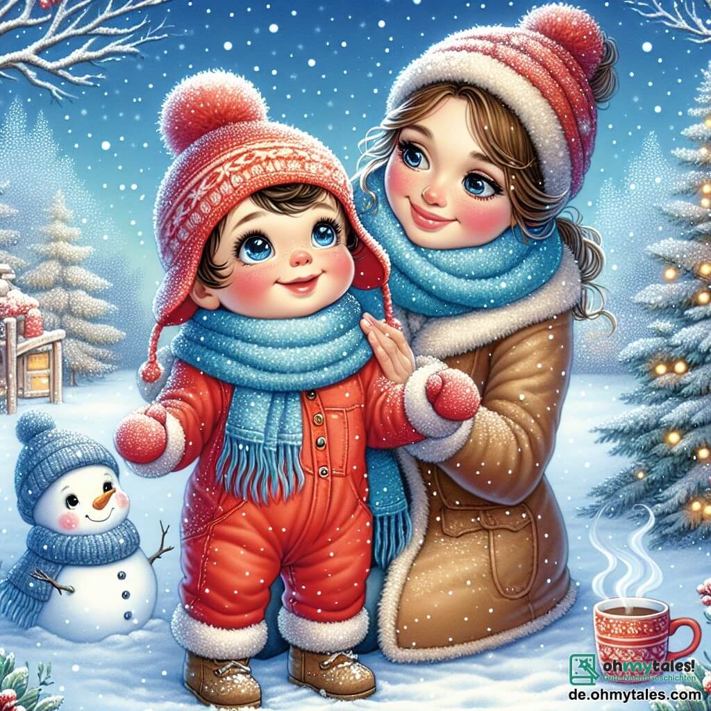 Ein einjähriger Junge mit rosigen Wangen und strahlenden Augen steht im Schnee und lächelt voller Staunen. Er trägt einen leuchtend roten Overall, einen blauen Schal und eine kleine Wollmütze. Seine kleinen Hände sind gehoben, bereit, die sanft herabfallenden Schneeflocken zu fangen. Neben ihm steht seine Mutter, eine etwa 30-jährige Frau mit langen braunen Haaren, die zu einem Dutt gebunden sind. Sie trägt einen warmen Mantel und eine Mütze, die zum Overall ihres Sohnes passt. Sie lächelt zärtlich, während sie ihren Sohn ansieht und eine dampfende Tasse heiße Schokolade in den Händen hält. Die Szenerie ist ein Wintergarten mit schneebedeckten Bäumen, funkelnden Schneeflocken, die vom hellblauen Himmel fallen, und einem lächelnden Schneemann mit einer Karotte als Nase, der stolz in der Nähe steht. Die Hauptsituation zeigt den kleinen Jungen, der Spaß daran hat, die fallenden Schneeflocken zu fangen, während seine Mutter ihn liebevoll beobachtet und eine fröhliche, warme Szene schafft, die die Magie des Winters einfängt.