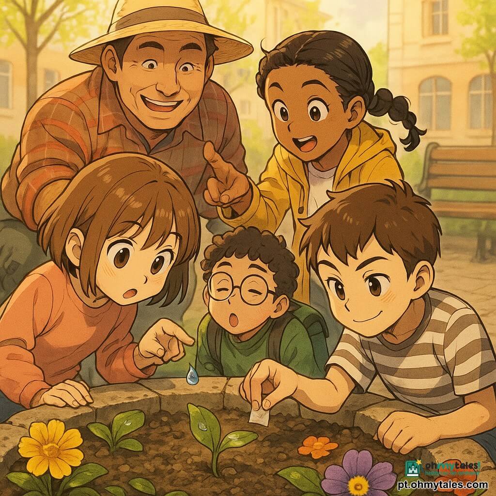Há cinco personagens: quatro crianças — Inês (10 anos), cabelo castanho-claro, junto ao primeiro plano à esquerda inclinada sobre um canteiro a observar uma pequena muda; Tomás (10 anos), cabelo castanho curto, agachado à direita a apanhar um papel; Marta (10 anos), cabelo preto trançado, atrás de Inês a apontar gotículas numa folha; Diogo (10 anos), cabelo encaracolado e óculos, com mochila no chão atrás de Tomás a respirar profundamente — e um homem jardineiro adulto, de chapéu de palha e camisa xadrez, agachado à esquerda a mostrar um rebento minúsculo. O cenário é um pequeno canteiro público no centro de uma praça, borda de pedra, terra escura e húmida, flores vivas e folhas brilhantes com gotas de água, banco de madeira gasto e árvores com rebentos desfocados ao fundo; luz dourada do fim da tarde, atmosfera calma e atenta, cores quentes e texturas visíveis.