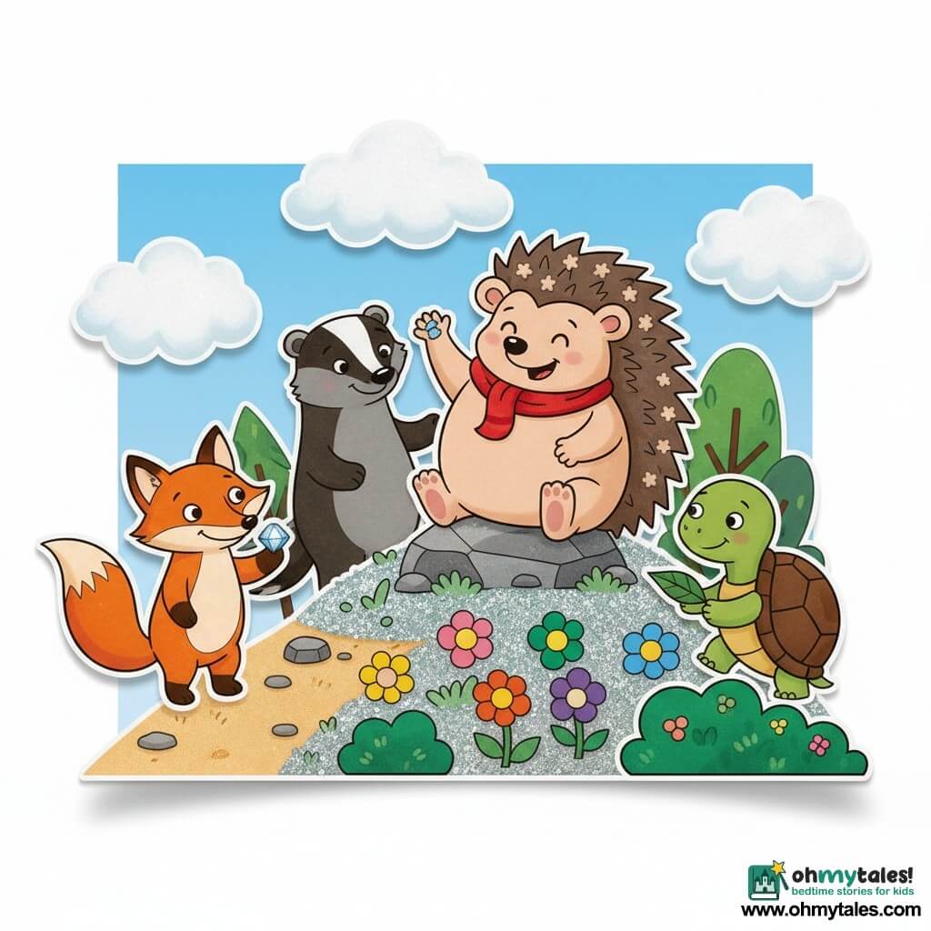 A round, chubby hedgehog with soft star-shaped quills, a proud smiling expression and a small red scarf sits atop a hill of silvery moss with its paws on a rock; to the left on a sloping path a bright orange fox with mischievous eyes holds a shiny stone in its mouth; to the right near a low bush a calm green-and-brown-shelled turtle holds a leaf under its foot; a dark brown badger with a softened expression stands behind the hedgehog as if parting the way; the hill is dotted with bright round flowers, a light blue sky with cotton-like white clouds and stylized trees in the background; simple warm scene, flat contrasting colors, thick outlines and EVA-moss-like textures, composition centered on the triumphant hedgehog at the top.