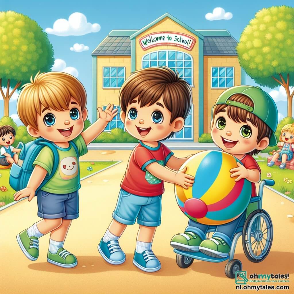 In een zonnige schoolyard staan drie jongens samen, glimlachend en vrolijk. Sam, een vierjarig jongetje met bruin haar en sprankelende ogen, draagt een mooie blauwe rugzak. Hij houdt een grote gekleurde bal in zijn handen. Naast hem lacht Tom, een andere vierjarige jongen met blond haar en een rood t-shirt, terwijl hij zijn armen omhoog steekt. Max, een vierjarige jongen met kastanjebruin haar en een groene pet, leunt naar voren, klaar om de bal te vangen. Achter hen is een groot schoolgebouw te zien met kleurrijke ramen en een bord "Welkom op school!" bij de ingang. Groene bomen omringen de speelplaats en kinderen spelen vrolijk om hen heen. De scène toont Sam, Tom en Max die samen met de bal spelen, terwijl een andere jongen, Luca, die in een mooie rolstoel zit, hen met een grote glimlach aankijkt, klaar om zich bij hen te voegen. De kinderen hebben samen plezier, wat de geest van vriendschap en vreugde van het nieuwe schooljaar illustreert.