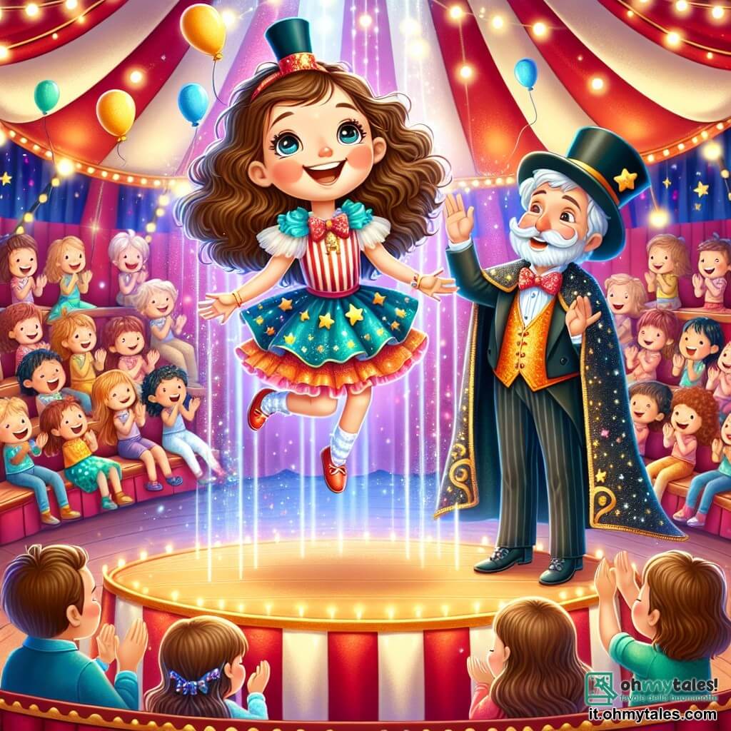Una ragazza di 11 anni, Sofia, con capelli castani ondulati e occhi brillanti di curiosità, fluttua nell'aria, con un sorriso radioso sul viso. Indossa un abito colorato da circo, con stelle scintillanti e un piccolo cappello da mago. Accanto a lei, un elegante mago di circa 40 anni, con un grande cappello nero e un mantello luccicante, la osserva con orgoglio, le braccia aperte, come se stesse presentando una meraviglia al pubblico. Il luogo è un circo vibrante, con un grande tendone a strisce rosse e bianche, illuminato da luci brillanti. Gli spettatori, di tutte le età, sono seduti su panche di legno, applaudendo e ridendo, mentre palloni colorati fluttuano nell'aria. La scena principale mostra Sofia mentre esegue un numero di magia, fluttuando graziosamente sopra il palco, circondata da coriandoli colorati, mentre il mago la incoraggia con un sorriso benevolo.