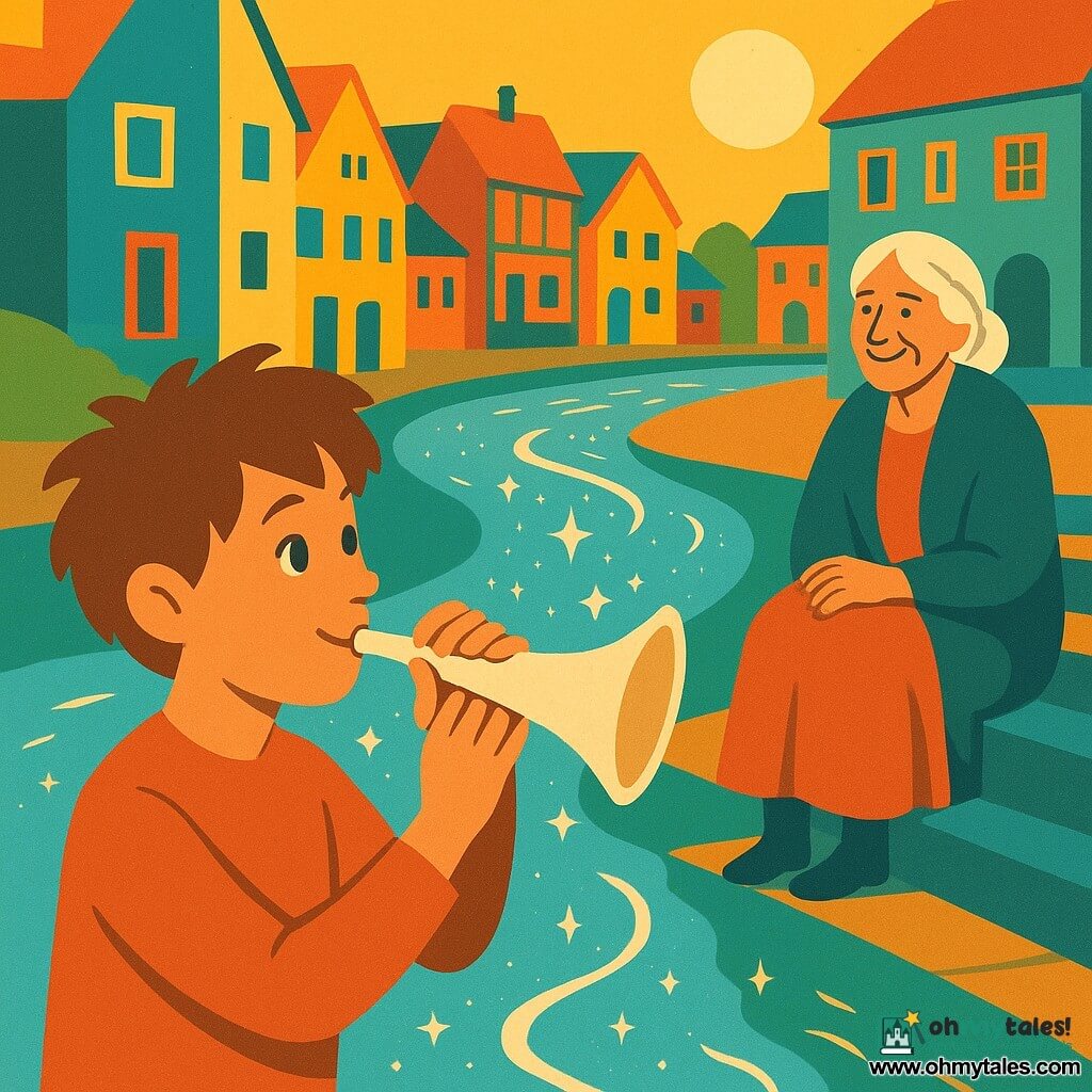 A young man named Orin, with tousled brown hair and eyes sparkling with curiosity, stands by a shimmering river. He holds a small horn made of pearly bone, his lips forming a delighted smile. An old woman, with silver hair and a face lined with wisdom, sits on the steps of an ancient square, a benevolent smile lighting up her features. She watches Orin with a gentle expression of pride. The scene takes place in a picturesque town with colorful houses and cobblestone streets, with a silvery river winding gently through the landscape. The main situation shows Orin blowing into the horn, as the river begins to glow and sing, illuminating the town with a magical and warm light.