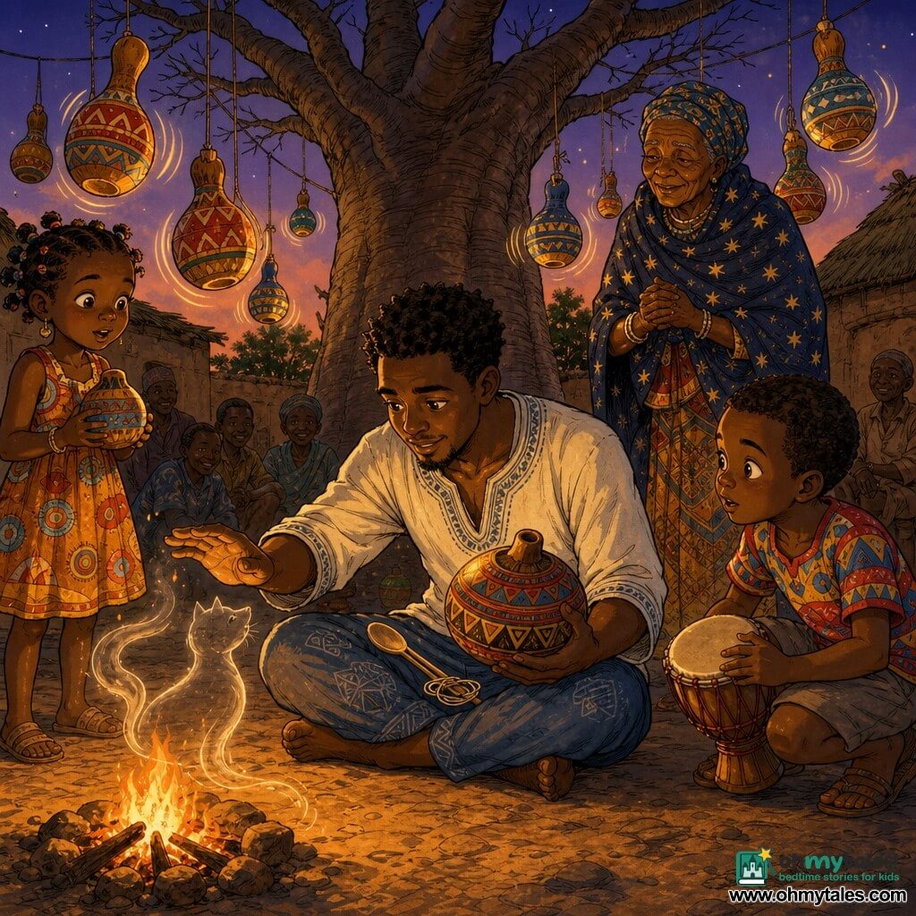 Kofi, a young man in his twenties with a gentle, focused face and grateful bright eyes, sits on the ground holding a small painted calabash and placing a wooden spoon and a length of string on his lap; Elder Ama, about 70, with tree-barked wrinkles and a starred shawl, stands a few steps behind him smiling with hands clasped; an eight-year-old boy in a colorful T-shirt crouches to Kofi’s right holding a small drum, and a six-year-old girl in a patterned dress stands to his left holding a mini painted calabash, all near a small orange fire in a dirt courtyard hung with red, yellow, and blue painted calabashes that sway in the wind, a large baobab in the background; Kofi gently touches a faint translucent shadow curled by the fire like a cat as the calabashes seem to vibrate and the villagers watch quietly—twilight atmosphere, warm colors, inked lines and watercolor washes.