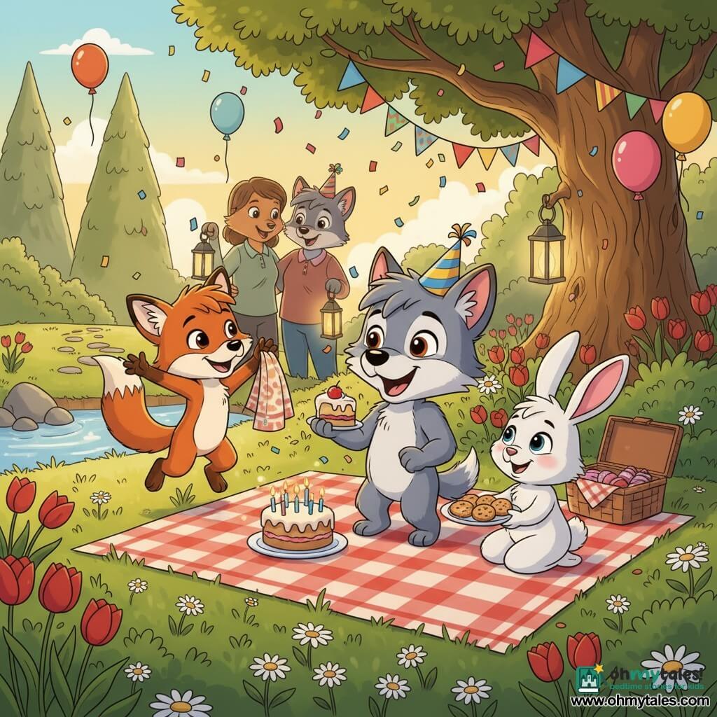 The main character is Little Wolf, a young anthropomorphic wolf with soft gray fur, big round ears, bright hazel eyes and a surprised joyful smile, wearing a striped party hat and holding a piece of cake; his friend Foxy is a playful red fox with a bushy white-tipped tail, mischievous look, leaping and waving a picnic cloth to Little Wolf’s left; Bunny is a fluffy white rabbit with long pink ears and a shy smile, seated on the blanket offering a plate of cookies to the wolf’s right. In the background are smiling wolf parents holding lanterns near a small stone path. The scene is an outdoor surprise birthday in a garden clearing with colorful flowers, green grass, a small sparkling stream to the left, bunting and balloons on a low oak branch, a checkered picnic blanket, an open basket, a cake with candles, floating confetti and warm late-afternoon light with soft shadows. Visual style: clean lines, saturated colors and simple textures suitable for children.