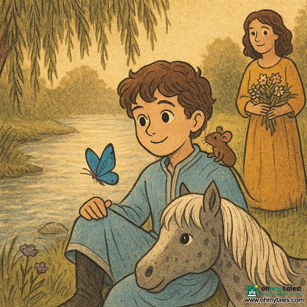 A dreamy smiling young prince of about ten with curly chestnut hair in a pale blue robe with silver trim crouches by a shimmering silver river, hand resting on his gray spotted pony Comet whose silky white mane and muzzle rest on the boy's knee; the prince looks attentive and kind with large bright eyes, a tiny brown mouse perches on his right shoulder, a vivid blue butterfly hovers above his knee, and in the background Mary, about forty-five, stands by a grassy path holding a bouquet of wildflowers; willow branches droop to the water, tall grasses, violets and wet smooth stones surround them, and the scene—bathed in golden late-afternoon light—conveys a peaceful, poetic moment with soft contrasts and slightly grainy ink textures reminiscent of newsprint.
