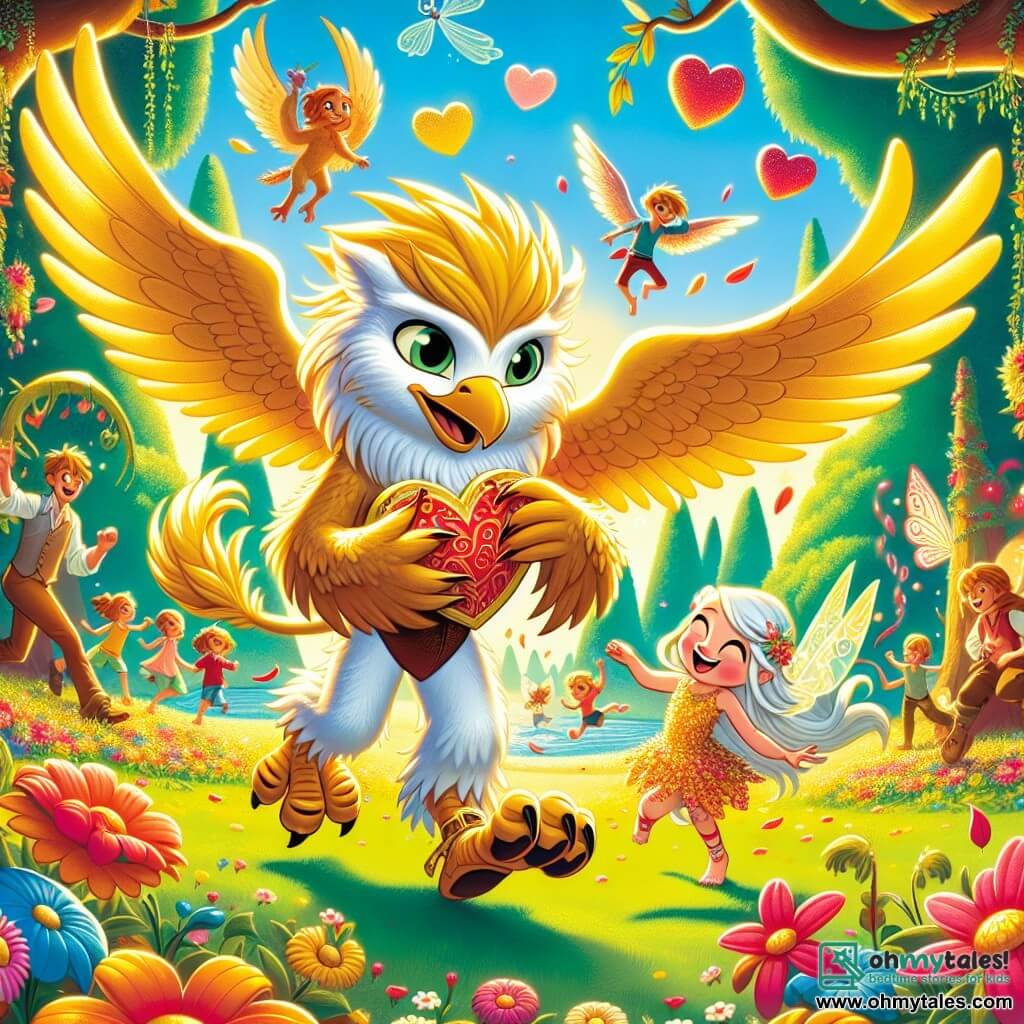 A young griffin named Finn, with golden feathers and sparkling curious eyes, stands in the center of the image, holding a heart-shaped map. He has a big smile, his wings slightly spread, showing his excitement. Next to him is a small fairy named Lily, with shimmering wings and a dress made of flower petals, joyfully dancing, her eyes shining with mischief. The setting is a sunny park filled with colorful flowers, large green trees, and a bright blue sky. In the background, children are playing and laughing, adding a festive atmosphere. The main scene shows Finn and Lily discovering a Valentine's surprise, surrounded by their friends, with a large heart-shaped cake decorated with flowers and feathers, creating a joyful and friendly atmosphere.