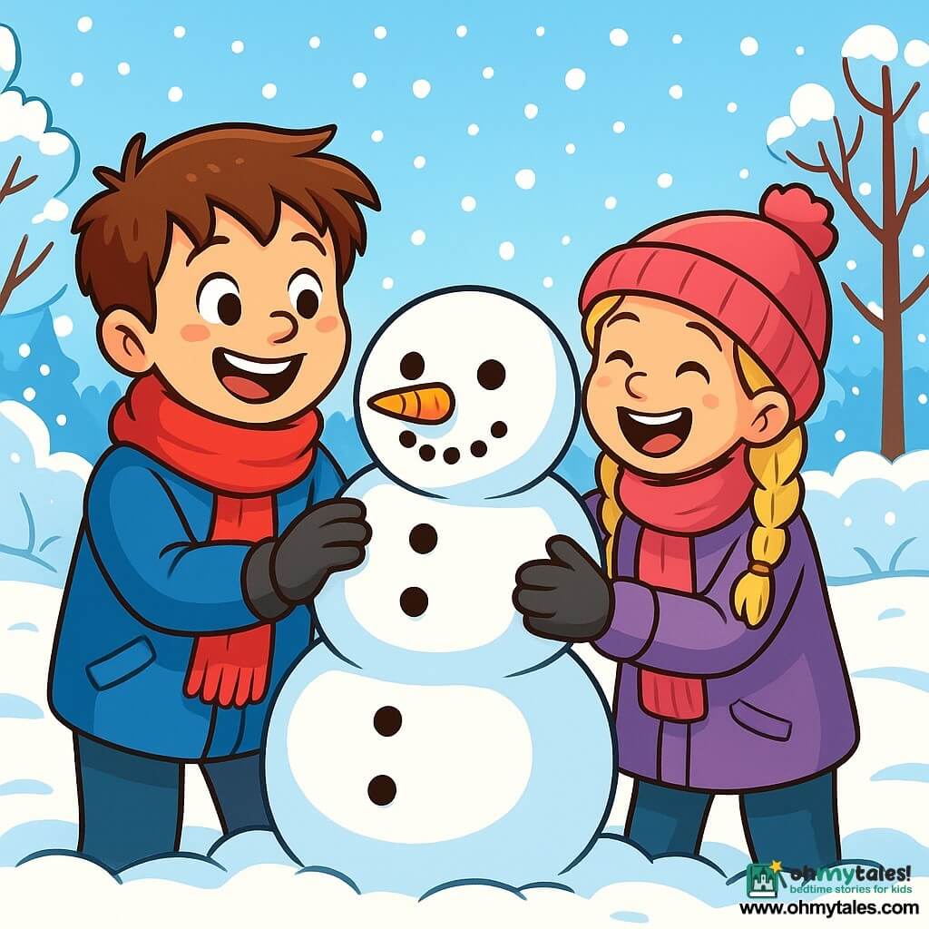 An 8-year-old boy named Max, with messy brown hair and rosy cheeks, joyfully smiles while building a snowman. He wears a thick blue coat, a red scarf, and black gloves, his eyes shining with happiness and excitement. Next to him, a 7-year-old girl named Mia, with braided blonde hair and a pink hat, helps him shape the snowman, laughing enthusiastically. The setting is a winter park with snow-covered trees, a clear blue sky, and gently falling snowflakes. The ground is covered in a thick layer of snow, and the slightly crooked snowman has a carrot nose and button eyes. The scene conveys an atmosphere of joy and friendship, illustrating the fun of playing in the snow and sharing warm moments in winter.