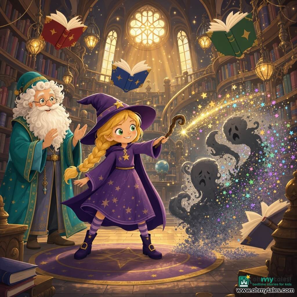 The main witch is a smiling, reassured girl with golden-blond braided hair, bright green eyes and a purple star-patterned robe, holding a curved wooden wand that emits sparkling stardust; behind her stands Finn the archivist, an elderly man with a curly white beard, twinkling eyes, a long turquoise robe and small round hat, hands open as if softly applauding; faceless animated books with red, blue and green covers float around, some shelved mid-air with pages like wings; the scene is set in a large magical indoor library with vaulted ceilings, dark spiral wooden shelves, warm glass hanging lamps and golden light with stardust in the air, as the witch calms gray swirling shadows that dissolve into colored sparks, in warm pastel tones, soft contrasts and a gentle chiaroscuro for a fairy-tale effect.