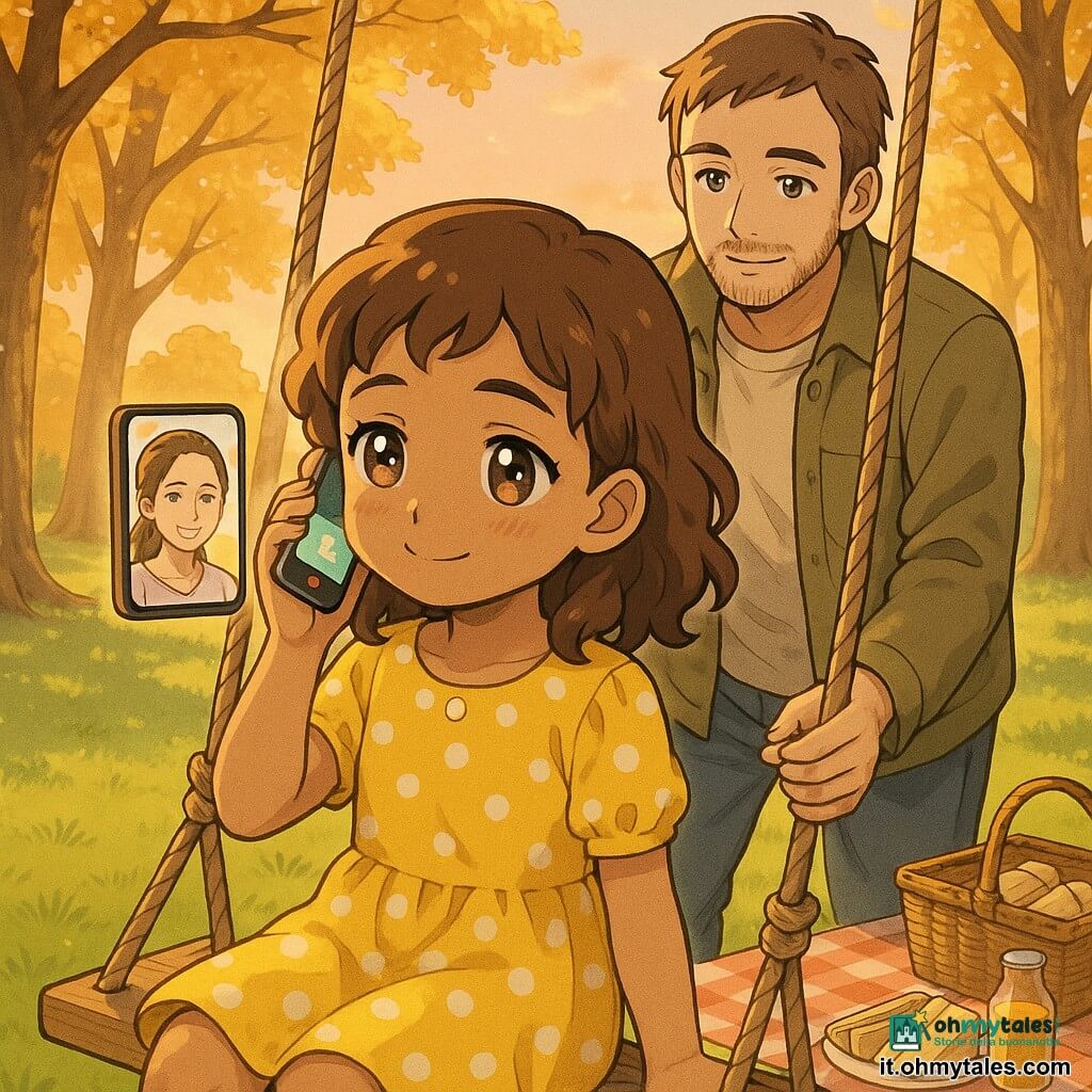 Bambina di 6 anni, malinconica ma serena, occhi luminosi e leggero sorriso, capelli castani ricci fino alle spalle, vestito giallo a pois bianchi, seduta su un’altalena di legno con un cellulare contro la guancia; padre (circa 38 anni) dall’aspetto dolce, capelli castani corti e barba leggera, giacca kaki e jeans, in piedi dietro l’altalena a spingerla con sguardo tenero vicino a una coperta da picnic; madre (circa 35 anni) visibile solo sullo schermo in un riquadro video che sorride, capelli lunghi raccolti e camicetta chiara; parco al tardo pomeriggio, erba verde, grandi alberi dalle foglie dorate, coperta a quadretti rossa e bianca, cestino con panini e succhi, cielo pastello arancio-rosa e ombre lunghe; scena intima e calma: la bambina parla con la madre al telefono mentre il padre la spinge, composizione centrata sulla bambina, espressioni dolci, palette calda e luminosa, stile manga con occhi espressivi, contorni netti e tocchi di luce dorata.