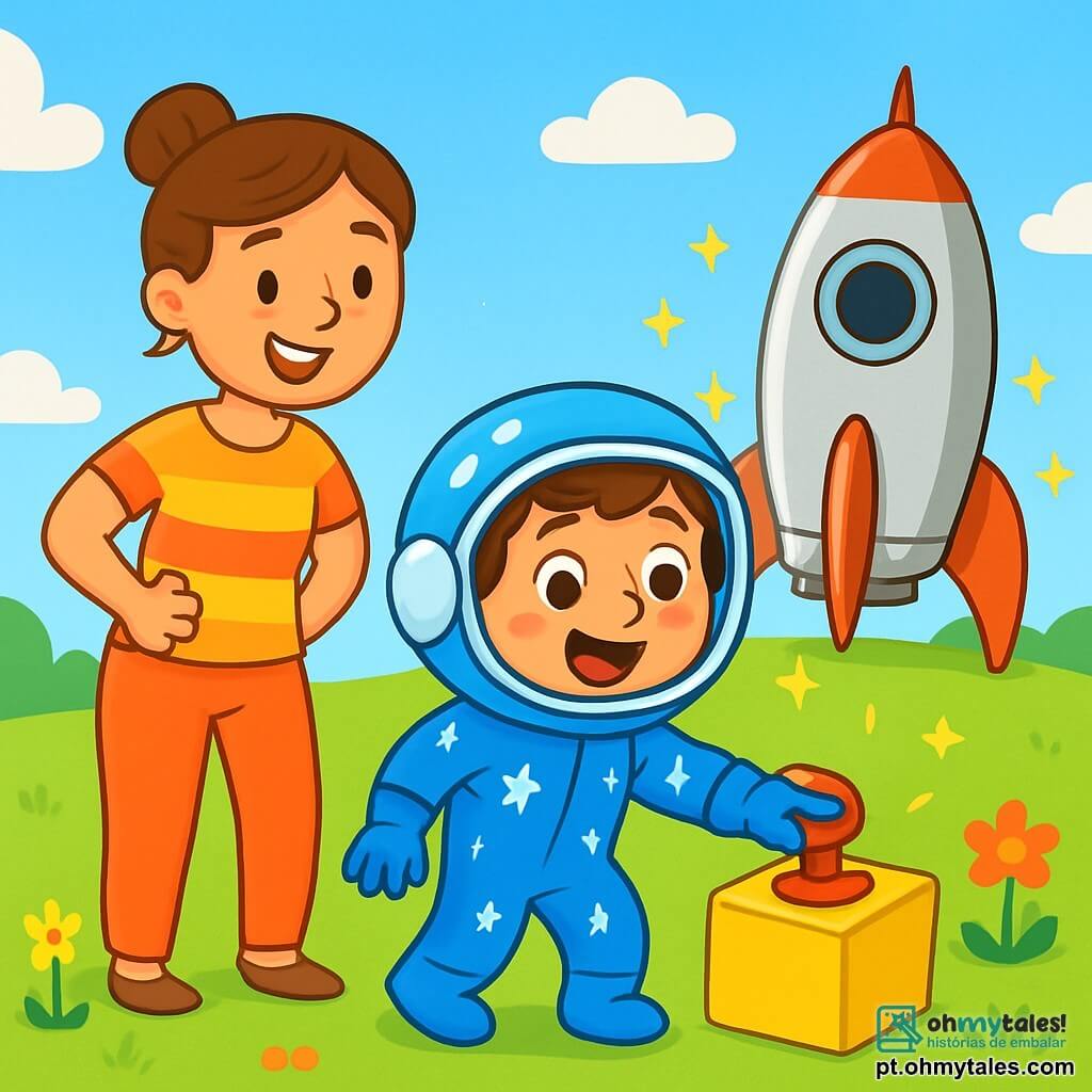 Dudu, um garoto de 7 anos, é um jovem astronauta com olhos cheios de curiosidade. Ele usa um macacão azul vibrante com estrelas brancas brilhantes e um capacete reluzente que reflete a luz das estrelas. Seu rosto expressa imensa alegria e um leve frio na barriga enquanto se prepara para decolar em sua foguete. Sua mãe, uma mulher na casa dos trinta anos, está ao lado dele, com um sorriso caloroso e cabelos castanhos presos em um coque. Ela usa uma camiseta colorida e uma calça confortável, fazendo um sinal de encorajamento, cheia de orgulho. O local é um vasto campo verde, salpicado de flores coloridas, sob um céu azul brilhante. Ao longe, vê-se a foguete prateada, pronta para decolar, cercada por pequenas estrelas cintilantes que parecem dançar ao seu redor. Dudu, com um misto de excitação e apreensão, se prepara para apertar o grande botão vermelho de lançamento, pronto para realizar seu sonho de viajar pelo espaço.