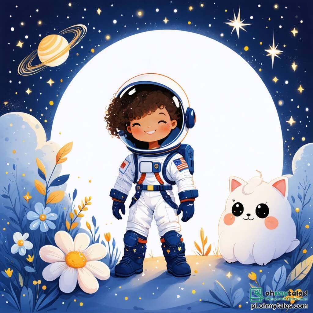 Ania, młoda astronautka z brązowymi, kręconymi włosami, nosi błyszczący, kolorowy skafander kosmiczny. Uśmiecha się z zachwytem, stojąc na tajemniczej planecie, otoczona świecącymi kwiatami, które migoczą jak gwiazdy. Obok niej jest Zuzu, mała przyjazna istota z dużymi okrągłymi oczami i ciałem w kształcie chmury, skacząca radośnie po ziemi. Zuzu ma intensywny fioletowy kolor i wskazuje Anii drogę wzdłuż błyszczących kryształów. Tło stanowi bajkowa planeta z fuksjowymi górami i szmaragdowymi jeziorami odbijającymi gwiaździste niebo. Komety przelatują przez horyzont, dodając magii. Ania i Zuzu eksplorują razem, Ania trzyma próbkę rośliny w jednej ręce, podczas gdy Zuzu wskazuje drzewo z migoczącymi liśćmi, gotowy odkryć kolejny sekret tej zaczarowanej planety.