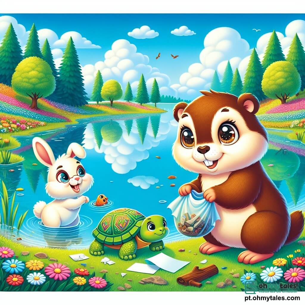 Uma marmota chamada Mica, com pelagem marrom suave e olhos brilhantes de curiosidade, está à beira de um lago cintilante, sorrindo entusiasticamente. Ela está recolhendo lixo para ajudar um peixe triste. Ao lado dela, um coelhinho travesso chamado Riri, com grandes orelhas e pelagem branca, salta alegremente, segurando um pedaço de papel nas patas dianteiras. Um pouco mais longe, uma tartaruga chamada Tita, com uma carapaça verde adornada com padrões, avança lentamente, observando seus amigos com um sorriso benevolente. O local é um lindo lago cercado por flores coloridas, com árvores majestosas refletindo na água clara. O céu é azul, salpicado de nuvens brancas e fofas. A cena principal mostra Mica, Riri e Tita unidos em um esforço alegre para limpar o lago, transformando um lugar triste em um espaço radiante, enquanto compartilham risadas e amizade.