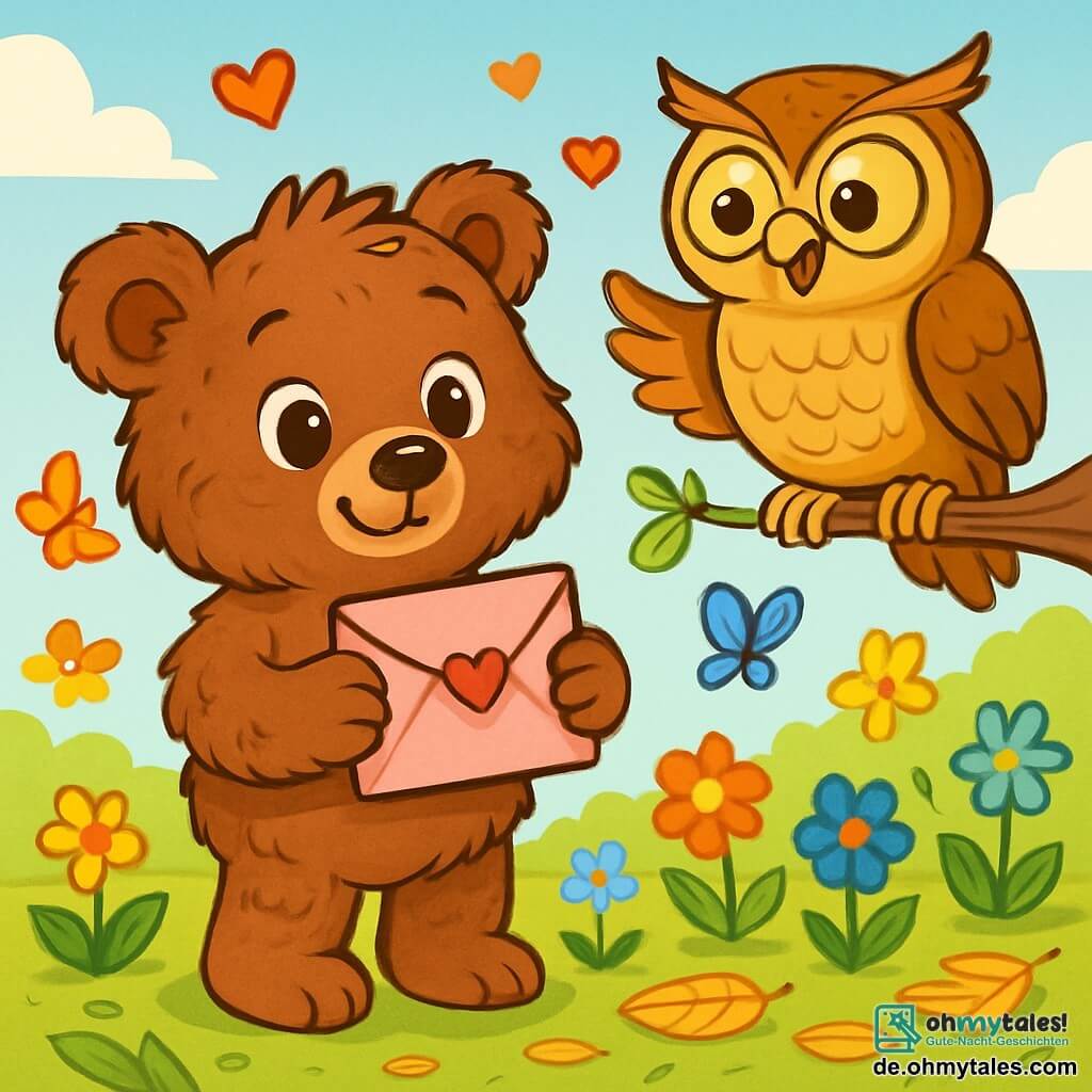 Ein kleiner brauner Bär namens Brummi mit weichem, zerzaustem Fell schaut mit funkelnden, neugierigen Augen auf einen rosa Umschlag in seinen Pfoten. Er steht in einer sonnigen Lichtung, umgeben von bunten Blumen und schwirrenden Schmetterlingen. In der Nähe beobachtet eine weise Eule mit goldenen Federn, die auf einem Ast sitzt, Brummi mit einem wohlwollenden Lächeln und großen, strahlenden Augen. Der Boden ist mit grünen und goldenen Blättern bedeckt, und schimmernde Herzen schweben in der Luft, was der Szene einen magischen Touch verleiht. Brummi, entschlossen und fröhlich, bereitet sich darauf vor, eine geheime Botschaft zum Valentinstag zu überbringen und träumt von der Überraschung, die er seinem Freund, dem Hasen, machen wird.