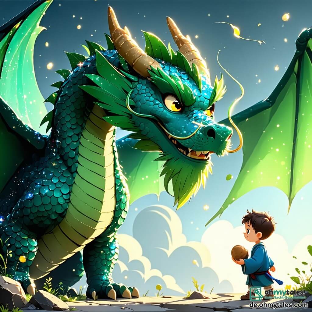 Ein majestätischer Drache mit schimmernden smaragdgrünen Schuppen und großen, glänzenden goldenen Augen steht im Mittelpunkt der Szene. Er breitet seine majestätischen Flügel aus, bereit zum Abflug, und ein freundliches Lächeln erhellt sein Gesicht. Neben ihm steht ein zehnjähriger Junge, Leo, mit zerzausten braunen Haaren und einer blauen Tunika, der den Drachen bewundernd anblickt und eine alte Karte in den Händen hält. Leo steht auf einer goldenen Sanddüne, seine Füße leicht im warmen Sand vergraben, während er mit dem Finger auf eine Richtung auf der Karte zeigt. Im Hintergrund erhebt sich eine üppige Oase mit grünen Palmen und bunten Blumen, die mit der Wüstenlandschaft kontrastiert. Der Himmel ist strahlend blau, mit flauschigen weißen Wolken, und die Sonne scheint intensiv, wodurch funkelnde Reflexionen auf dem kristallklaren Wasser der Oase entstehen. Die Hauptsituation zeigt Leo und den Drachen Zaffir, die sich auf ein Abenteuer vorbereiten, mit einer spürbaren Atmosphäre von Magie und Aufregung, während sie sich aufmachen, die verborgenen Geheimnisse der Wüste zu entdecken.