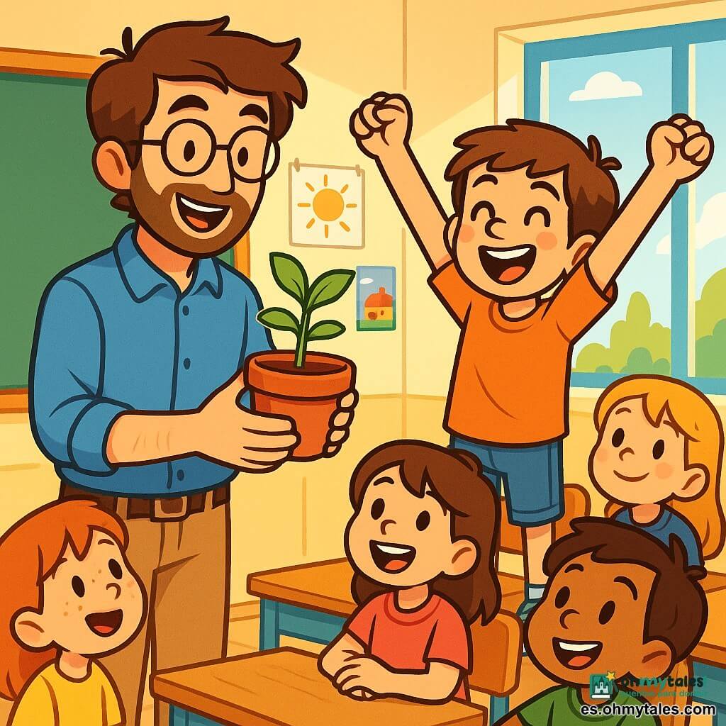 Un hombre, el profesor Pedro, sonriente y cálido, con cabello castaño ligeramente despeinado y gafas redondas, se encuentra frente a una clase animada. Lleva una camisa azul y pantalones beiges, sosteniendo una maceta con una pequeña planta verde, su rostro irradia orgullo y entusiasmo. A su lado, Lucas, un niño de diez años con cabello castaño y ojos brillantes, está de pie sobre una silla, con los brazos levantados en señal de victoria y una gran sonrisa en su rostro. El aula es luminosa, decorada con dibujos coloridos en las paredes, escritorios de madera y una gran ventana que deja entrar la luz del sol, iluminando los rostros de los niños. La situación principal muestra a Pedro explicando con pasión cómo cuidar las plantas, mientras Lucas, emocionado, muestra su propia planta que comienza a germinar, rodeado de sus compañeros atentos y maravillados.