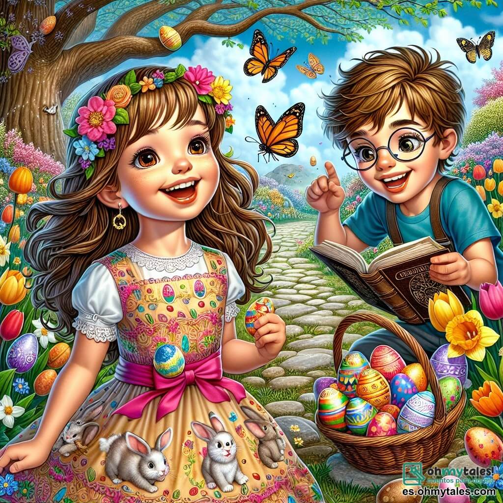 Ilustración que representa a una niña de 11 años, con largos cabellos castaños y ojos llenos de curiosidad. Lleva un vestido colorido adornado con motivos de conejitos y huevos de Pascua, y sonríe alegremente mientras sostiene una cesta llena de huevos decorados. A su lado hay un niño de 12 años, con el cabello rubio despeinado y una expresión traviesa. Se ríe señalando una mariposa colorida que vuela alrededor de ellos. Otro niño de 11 años, con gafas y cabello castaño, observa atentamente un libro antiguo sobre un tronco de árbol, con los ojos abiertos de asombro. El lugar principal es un jardín primaveral, lleno de flores brillantes como tulipanes y narcisos, bajo un cielo azul claro con nubes blancas esponjosas. En el centro, un gran árbol majestuoso ofrece sombra, y un camino de piedras brillantes serpentea por el jardín. La situación principal muestra a los niños en plena aventura, buscando huevos de Pascua escondidos mientras ríen y se divierten, rodeados por la magia de la naturaleza. Otros elementos gráficos incluyen huevos de Pascua coloridos escondidos en la hierba, mariposas revoloteando a su alrededor y un ambiente alegre y festivo que evoca el espíritu de Pascua.