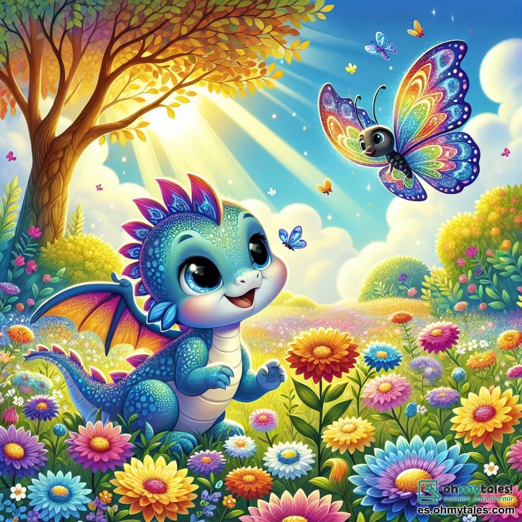 Ilustración de un pequeño dragón con escamas iridiscentes que flotan alegremente en el aire. Sus ojos brillan de emoción y curiosidad mientras explora un vasto jardín lleno de flores coloridas que bailan al viento. Cerca, una mariposa de alas vibrantes y delicadas vuela de flor en flor, mostrando alegría y ligereza, animando al dragón a descubrir las maravillas del jardín. El lugar es un jardín encantador, con flores vivas bajo un cielo azul. Árboles majestuosos rodean el jardín y un rayo de sol ilumina la escena, creando una atmósfera mágica. El dragón se maravilla ante la belleza de las flores, comprendiendo que cada momento de la vida es una aventura. Elementos gráficos adicionales incluyen mariposas revoloteando, rayos de sol filtrándose entre las ramas y una suave brisa que agita los pétalos, añadiendo movimiento y vida a la ilustración.