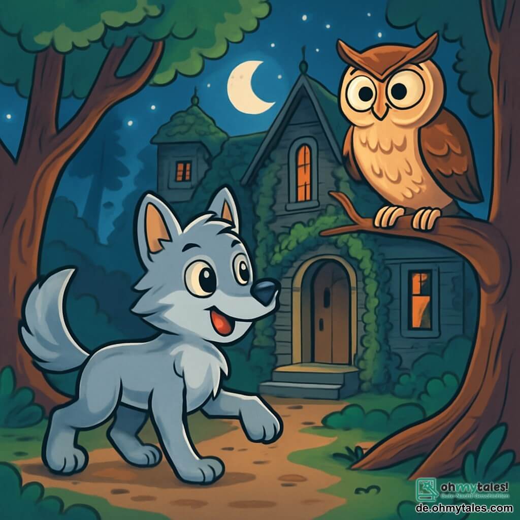 Ein junger Wolf mit silbernem Fell namens Finn steht im Mittelpunkt der Szene, seine Augen leuchten vor Neugier und Aufregung. Er hat eine dynamische Haltung, mit einem gehobenen Bein, bereit, ein altes, mysteriöses Herrenhaus zu erkunden. Neben ihm sitzt eine weise Eule mit braunen und goldenen Federn namens Mia auf einem Ast, ihre großen runden Augen zeigen eine leichte Besorgnis, während sie Finn beobachtet. Der Ort ist ein altes Holzhaus, das mit Efeu bewachsen und von großen, knorrigen Bäumen umgeben ist, unter einem sternenklaren Himmel, wo der Mond die Landschaft mit silbernem Licht erhellt. Schatten tanzen an den Wänden des Herrenhauses und schaffen eine sowohl faszinierende als auch leicht beängstigende Atmosphäre. Die Hauptsituation zeigt Finn, den jungen Wolf, der entschlossen auf die knarrende Tür des Herrenhauses zugeht, während Mia ihn beobachtet, bereit, ihm Ratschläge zu geben.