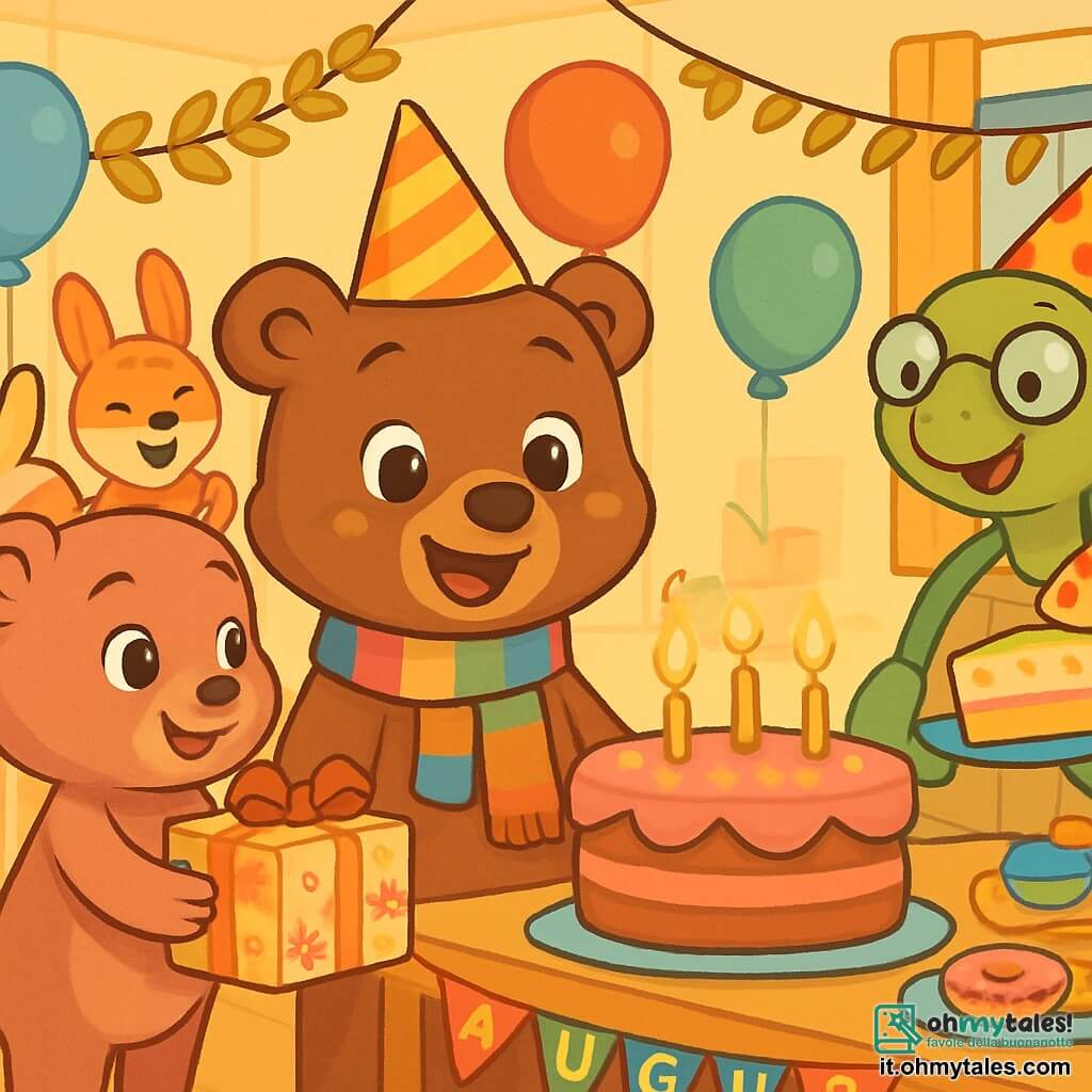 Un piccolo orso marrone di nome Bruno, con occhi scintillanti di gioia e un ampio sorriso, si trova al centro di un'aula decorata per il suo compleanno. Indossa una sciarpa colorata e un piccolo cappello di carta. Accanto a lui, sua sorella Lilla, un'orsetta con pelliccia morbida e occhi brillanti di eccitazione, tiene un regalo avvolto in carta a fiori, pronta a darglielo. Sullo sfondo, l'insegnante, una tartaruga saggia con occhiali rotondi e un cappello festivo, sorride mentre tiene una grande fetta di torta. L'aula è piena di palloncini colorati, ghirlande di foglie dorate e un grande tavolo carico di dolci. La scena principale mostra Bruno circondato dai suoi amici, tutti ridendo e applaudendo, mentre si prepara a soffiare le candeline della sua magnifica torta di compleanno, illuminata da candele scintillanti.