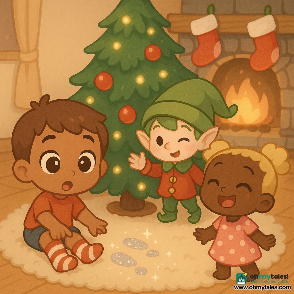 Three characters: Milo, about 4, short brown hair, thick red-and-white striped socks, round surprised eyes, sitting left of the tree pointing at sparkling footprints; Lila, about 3, blonde pigtails, pink polka-dot dress, laughing and smiling, standing right of the tree looking at the small elf; Jingle, a mischievous elf boy, very small, fair-skinned, oversized tilted green hat, red jacket with bells, partly hiding behind the tree and reaching out as if winking. Setting: cozy Christmas living room with shiny wooden floor, cream rug, dark green tree decorated with red baubles and warm lights, stone fireplace with stockings, and silver glittery traces on the floor. Main scene: the little elf appears secretly behind the tree leaving sparkling footprints; Milo and Lila discover him with surprise and joy; soft atmosphere, warm colors, dim garland lighting and strong character contrasts.