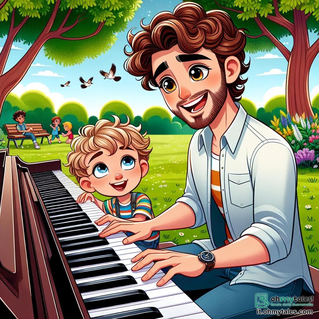Un giovane di nome Luca, di circa 25 anni, con capelli castani e ricci, sorriso caloroso e occhi brillanti di gioia, è seduto davanti a un pianoforte in un parco soleggiato. Indossa una camicia colorata e jeans casual, mentre suona una melodia gioiosa, le dita che danzano sui tasti bianchi e neri. Accanto a lui, un ragazzo di 10 anni di nome Marco, con capelli biondi e occhi azzurri, osserva con meraviglia, le mani sul pianoforte, pronto a provare a suonare la sua melodia. Il parco è pieno di verde, con alberi maestosi, fiori colorati e bambini che giocano in lontananza, creando un'atmosfera gioiosa e vivace. Gli uccelli cantano tra i rami, aggiungendo magia al momento. La scena principale mostra Luca che insegna a Marco a suonare, condividendo la passione per la musica e la gioia di creare insieme, circondati dalla bellezza della natura.
