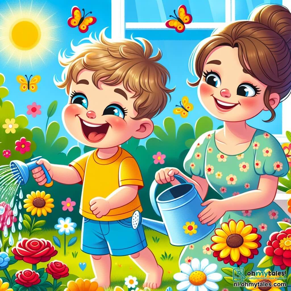 Een 2-jarig jongetje met grote sprankelende ogen en rommelig blond haar glimlacht vrolijk terwijl hij kleurrijke bloemen in een zonnige tuin water geeft. Hij draagt een felgeel t-shirt en een blauwe short, en lijkt erg blij met deze activiteit. Naast hem kijkt zijn moeder, een vrouw van rond de dertig met bruin haar in een knot, trots toe met een glimlach. Ze draagt een lichte bloemenjurk en houdt een kleine schep vast om hem te helpen. De tuin is vol met stralende bloemen: rode rozen, gele zonnebloemen en witte madeliefjes, omringd door weelderig groen. De zon schijnt in een heldere blauwe lucht, en kleurrijke vlinders fladderen rond de bloemen. In deze scène geeft het jongetje de bloemen water met een kleine gieter, terwijl hij een beetje water om zich heen spettert, terwijl zijn moeder hem aanmoedigt met lieve woorden. Het is een vrolijke en levendige moment dat de geest van de zomervakantie illustreert.
