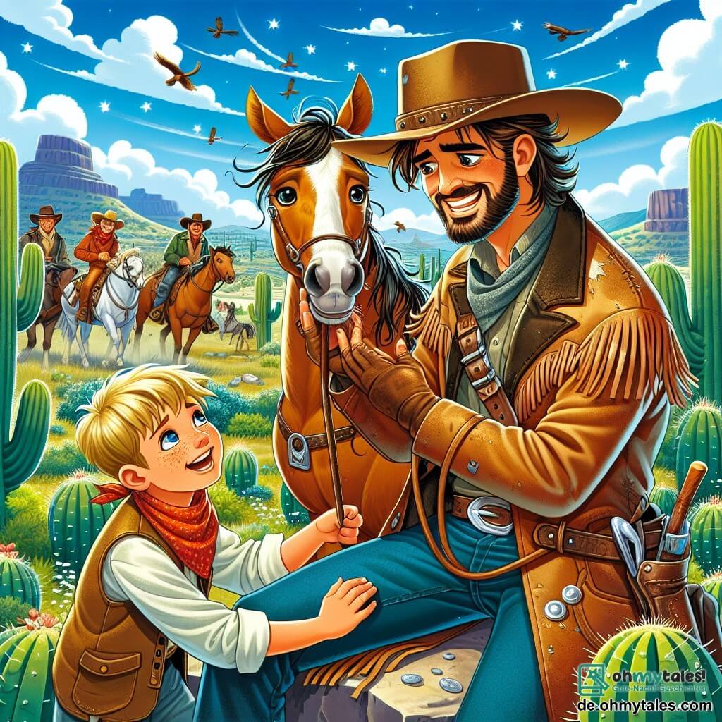 Ein mutiger Cowboy namens Lukas, ein Mann in den Dreißigern mit einem breiten Lächeln und funkelnden Augen, zähmt ein wildes Pferd. Er trägt einen großen Cowboyhut, eine abgenutzte Lederjacke und staubige Stiefel, und hat einen entschlossenen Gesichtsausdruck. In der Nähe steht ein etwa 8-jähriger Junge mit blonden Haaren und bewundernden Augen, die Arme verschränkt, auf einem Felsen. Die Szenerie befindet sich in einer weiten Prärie des Wilden Westens, mit sanften Hügeln am Horizont, verstreuten Kakteen und einem strahlend blauen Himmel, der mit flauschigen weißen Wolken gesprenkelt ist. Im Mittelpunkt der Szene nähert sich Lukas dem wilden Pferd, streckt sanft die Hand aus, während begeisterte Zuschauer im Hintergrund applaudieren und anfeuern. Die Hauptsituation zeigt Lukas, den Cowboy, der Mut und Mitgefühl zeigt, während er versucht, das verängstigte Pferd zu bändigen, und somit das Thema der Freundschaft zwischen Mensch und Tier veranschaulicht.