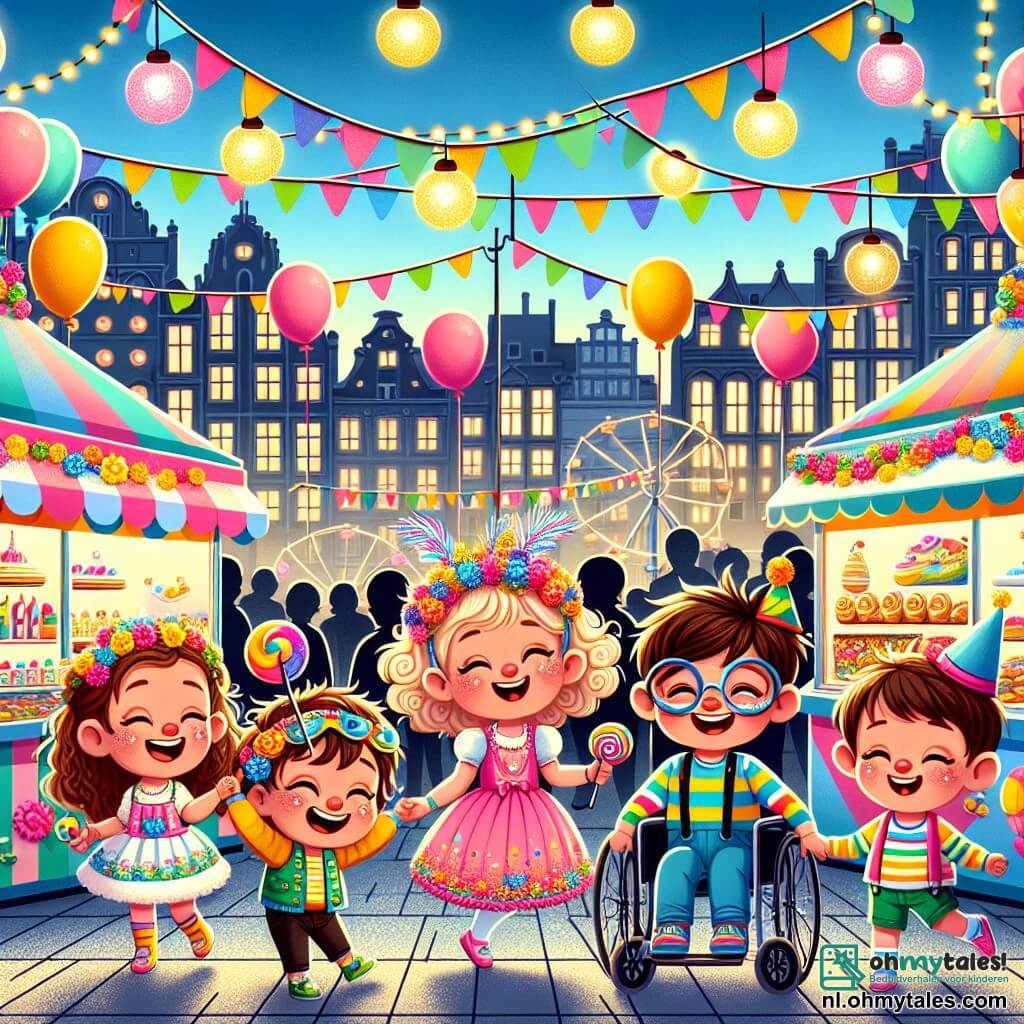 Max, een vierjarig jongetje met rommelig bruin haar en een grote glimlach, draagt een kleurrijk masker versierd met glitters en veren. Hij danst vrolijk in het midden van het podium. Rechts van hem staat Lotte, een vierjarig meisje met blond, krullend haar, in een stralende roze jurk en met een hartvormige snoep. Links zit Sam, een vierjarige jongen met een bril en zwart haar, in zijn rolstoel versierd met kleurrijke ballonnen, lachend. Tot slot draagt Finn, een vierjarige jongen met rood haar, een piratenkostuum en doet alsof hij met een plastic zwaard navigeert. Het carnaval vindt plaats op een druk plein omringd door kleurrijke gebouwen, met glinsterende lichtslingers in de lucht. Etenstalletjes bieden snoep en drankjes aan, terwijl een groot podium versierd is met papieren bloemen en kleurrijke ballonnen. Kinderen en volwassenen in feestelijke kostuums dansen en lachen om hen heen. De belangrijkste situatie toont Max en zijn vrienden die samen plezier hebben, lachend en dansend, terwijl de magie van het carnaval hen omringt, met confetti die uit de lucht valt en muzikanten die vrolijke melodieën spelen.