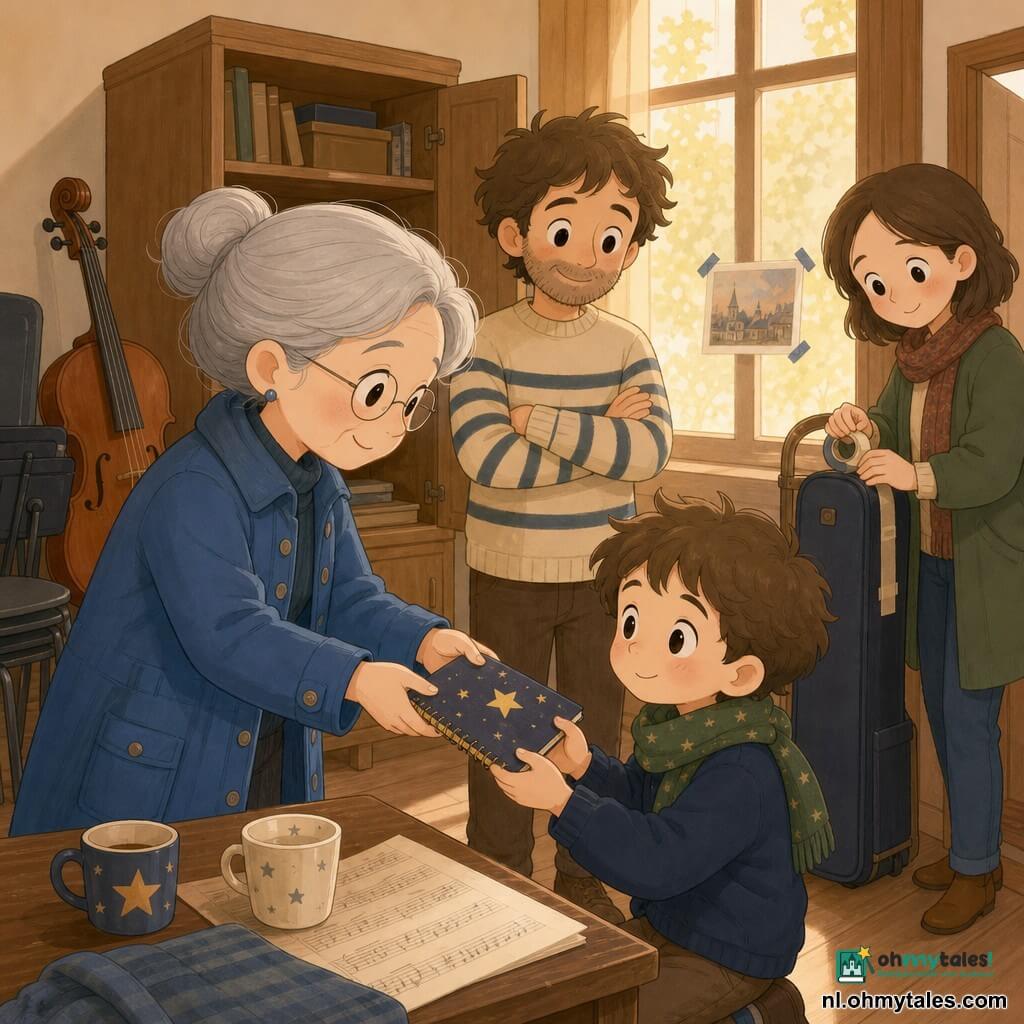 Een vrouwelijke detective van ongeveer 60 jaar in een blauw jas met veel zakken, grijs haar in een knot, zachte geconcentreerde blik, reikt voorzichtig een met sterren versierde muziekmap; een mannelijke muziekdocent van circa 40 jaar met warrig bruin haar en gestreepte trui staat bij een open kast, glimlachend en opgelucht met handen gekruist; een jongen van ongeveer 9 jaar met een groene sjaal met kleine sterren en grote verlegen ogen knielt licht bij de tafel en ontvangt de map, opgelucht en blozend; een buurvrouw van circa 35 jaar staat bij de deur met hand op een instrumentenkist en een vriendelijk gebaar; de oefenruimte is warmhouten met gestapelde stoelen, lessenaar, een oude viola in een hoek, een tafel met twee kopjes (één met sterren) en een foto aan het raam met goudlicht; hoofdactie: de detective geeft het gevonden muziekboek terug aan de jongen, iedereen glimlacht, warme, rustige scène gecentreerd op de aanraking van de handen en het sterrenboek.