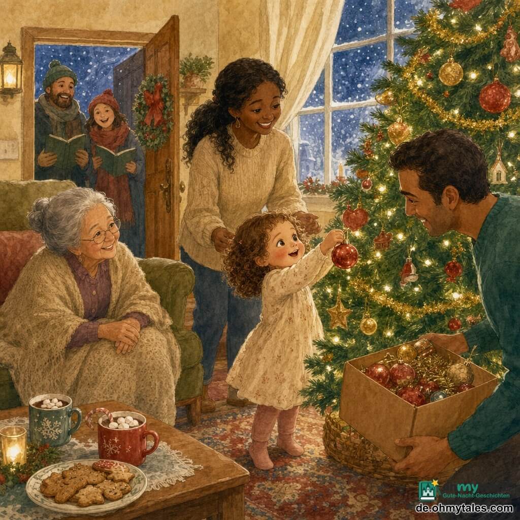 Ein gemütliches Wohnzimmer mit großem grünen Weihnachtsbaum, goldenen Girlanden und warmen Lichtern; eine fröhliche, staunende zweijährige Tochter mit hellbraunen Locken und roten Wangen hängt eine glänzende rote Christbaumkugel an einen Zweig, daneben ein etwa 35-jähriger Vater mit kurzem braunem Haar und breitem Lächeln, der eine große Schmuckschachtel hält, dahinter eine liebevoll lächelnde etwa 33-jährige Mutter mit zusammengebundenem langen Haar, bereit zu helfen, links auf dem Sofa eine etwa 70-jährige Großmutter mit grauem Dutt und beiger Decke auf den Knien, im Hintergrund offenstehende Tür, zwei nachbarschaftliche Erwachsene mit Wintermützen singen, durch die gefrorene Fenster sieht man fallenden Schnee, auf dem Couchtisch Plätzchen und heiße Schokolade; ruhiger, magischer Moment in sanften Aquarellfarben.