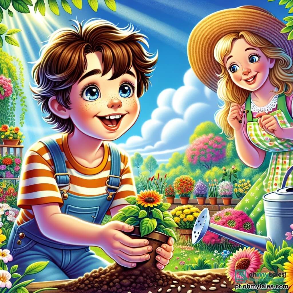 Um menino de 12 anos, Lucas, com cabelos castanhos bagunçados e olhos brilhantes de curiosidade, está agachado em um jardim ensolarado, com as mãos cheias de terra, sorrindo maravilhado enquanto planta sementes de flores. Ao seu lado, sua mãe, uma mulher na casa dos trinta anos com cabelos longos e loiros, usa um chapéu de palha e um avental colorido, observando-o com orgulho enquanto segura um vaso de flores. Ao fundo, o jardim está repleto de flores vibrantes, legumes verdes e árvores floridas, sob um céu azul claro salpicado de nuvens brancas. A cena mostra Lucas e sua mãe trabalhando juntos, cercados pela beleza da primavera, simbolizando alegria e crescimento.