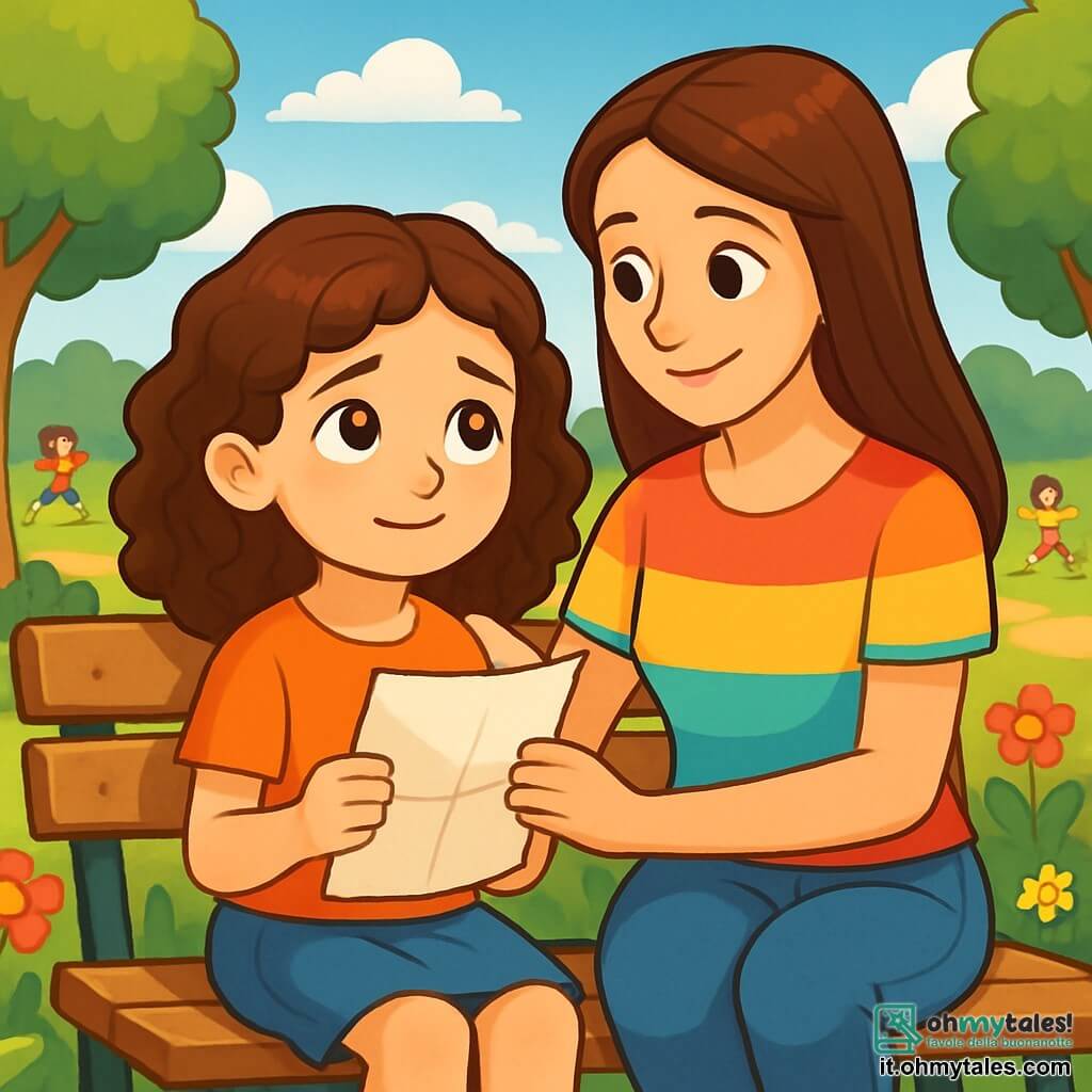 Una ragazza di 8 anni, Anna, con capelli castani e ricci, grandi occhi curiosi e un sorriso dolce, è seduta su una panchina in un parco verde. Tiene una lettera tra le mani, il suo viso esprime una malinconia piena di speranza, con una leggera luce nei suoi occhi. Accanto a lei, sua madre, una donna di circa trent'anni con capelli lunghi e lisci, indossa una maglietta colorata e jeans, la osserva con tenerezza, posando una mano confortante sulla spalla di Anna. Il parco è pieno di fiori colorati, alberi maestosi e un cielo azzurro punteggiato di nuvole bianche. In lontananza, dei bambini giocano gioiosamente, aggiungendo vita e pace alla scena. Anna legge la lettera dello zio, un momento di connessione e emozione che simboleggia speranza e amore in un contesto difficile.