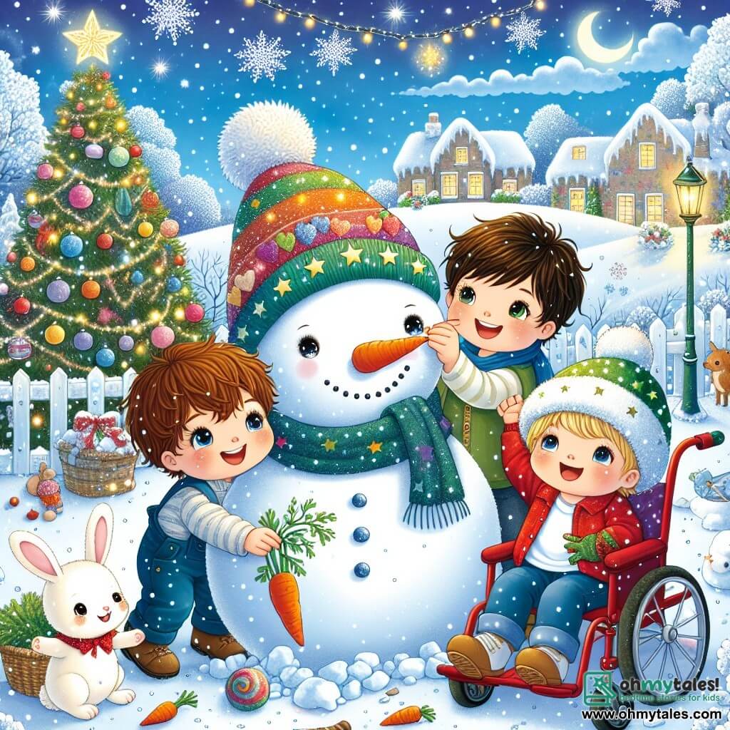 In a snowy garden, three boys are joyfully playing. Max, a four-year-old with sparkling eyes and messy brown hair, stands on the left holding a carrot for the snowman's nose. To his right, Leo, also four, with a bright smile and blonde hair, adjusts a large colorful hat on the snowman's head. Lastly, Oliver, a four-year-old with brown hair wearing a pretty green starry hat, is sitting in his red wheelchair, laughing and clapping for his friends. The garden is decorated with twinkling lights and a Christmas tree laden with colorful ornaments. The snow covers the ground, creating a fairy-tale landscape, while the sky is a bright blue, dotted with falling snowflakes. The three friends are building a snowman, laughing and sharing joyful moments, while a small white rabbit with a red bow curiously watches them, adding a touch of magic to this Christmas scene.