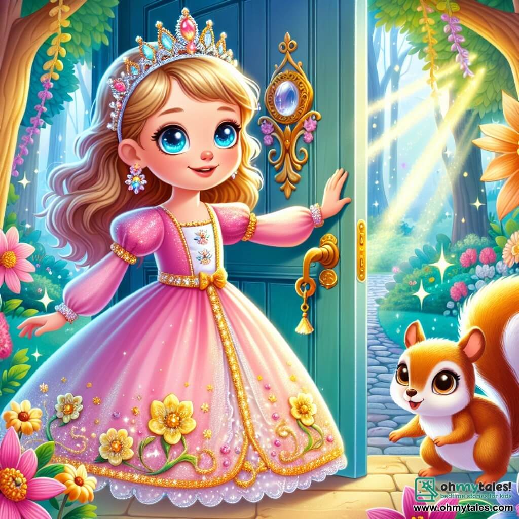 A princess named Lila, about 10 years old, stands in front of a sparkling silver door, her eyes shining with curiosity and excitement. She wears a pastel pink dress adorned with golden flowers and a delicate crown on her head. Beside her, a small squirrel with bright eyes, her faithful friend, observes the door with an intrigued expression. The setting is an enchanted garden filled with vibrant flowers, tall trees with golden leaves, and a clear blue sky dotted with fluffy clouds. The main scene shows Lila, ready to open the mysterious door, surrounded by an aura of magic, as sparkling lights dance around her, promising extraordinary adventures.