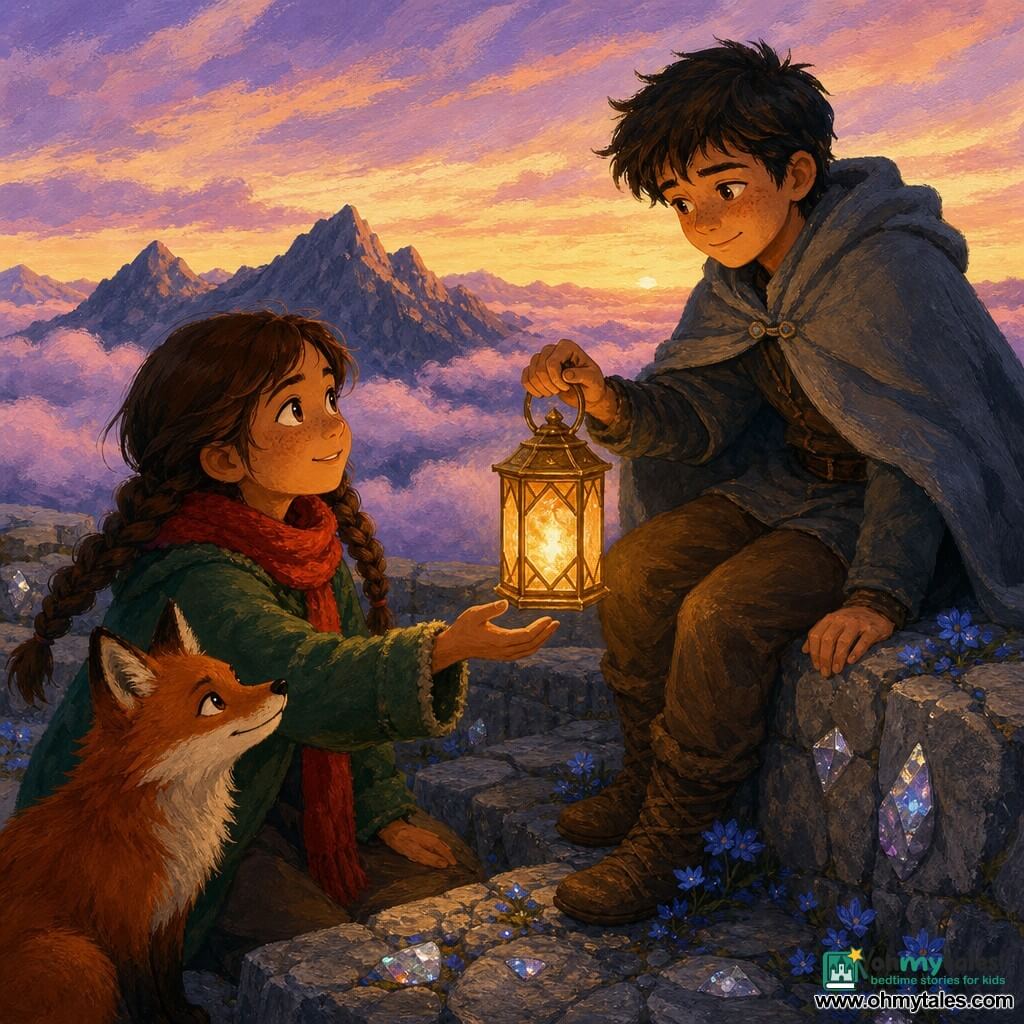 An 8-year-old girl, Mira, round face with freckles and chestnut hair in two braids, with a determined yet gentle expression, wearing a bright red scarf and green wool jacket, reaches to receive a golden glass lantern emitting warm honey light from an about 11-year-old boy, Rowan, with a gray hood on his shoulders, a shy relieved look and pale fingers, seated on the edge of a gray stone mountain terrace slightly behind her; a sleek red fox named Brim with mischievous eyes sits beside Mira, tilting its head toward the lantern; the terrace stones hold sparkling crystals and small blue flowers, low pink clouds circle the summit beneath a twilight lavender-and-gold sky, and the scene conveys a comforting, hopeful exchange as the warm light floods faces and casts long welcoming shadows.